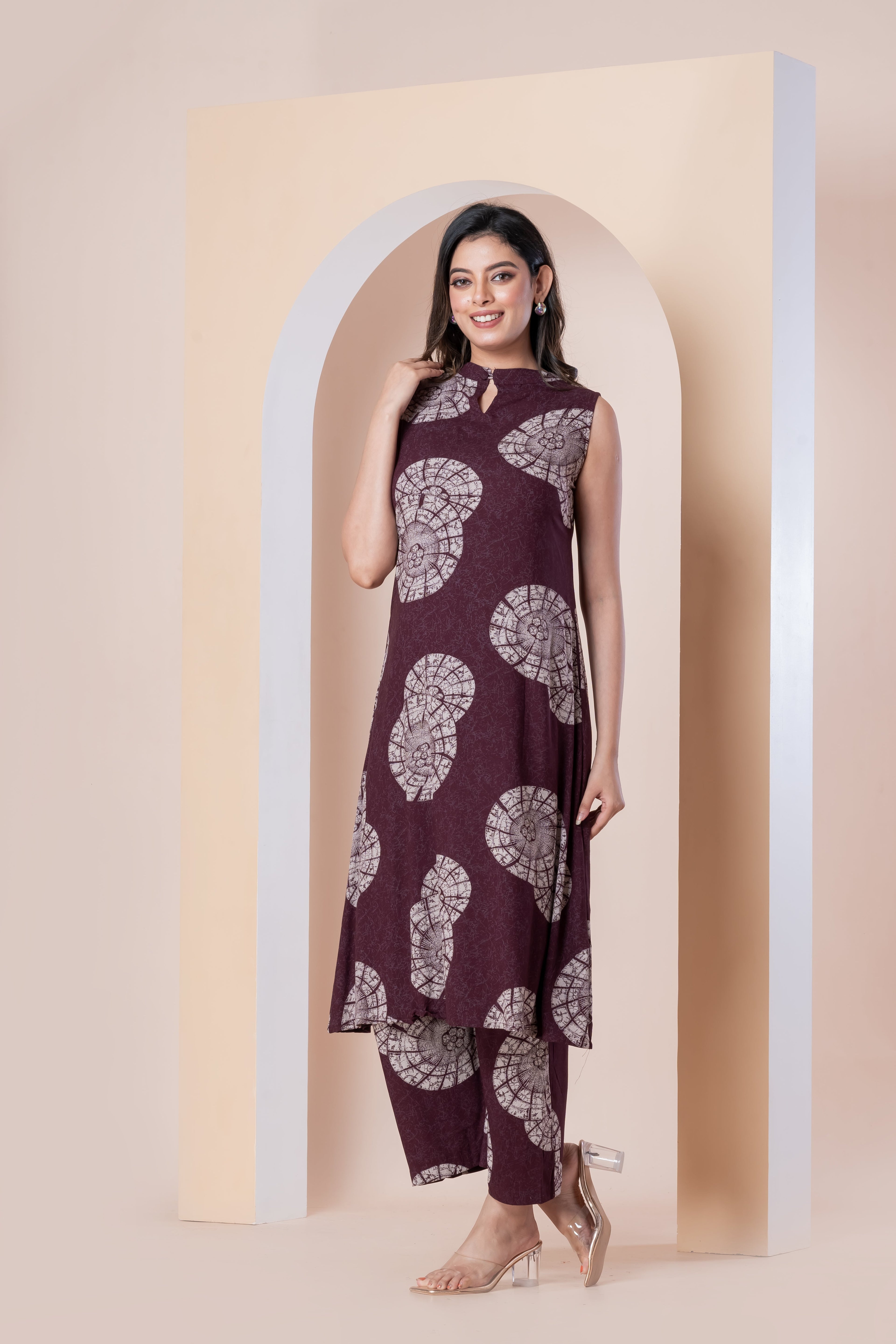 Wine Printed Sleeveless Kurti with Pants Set for Women
