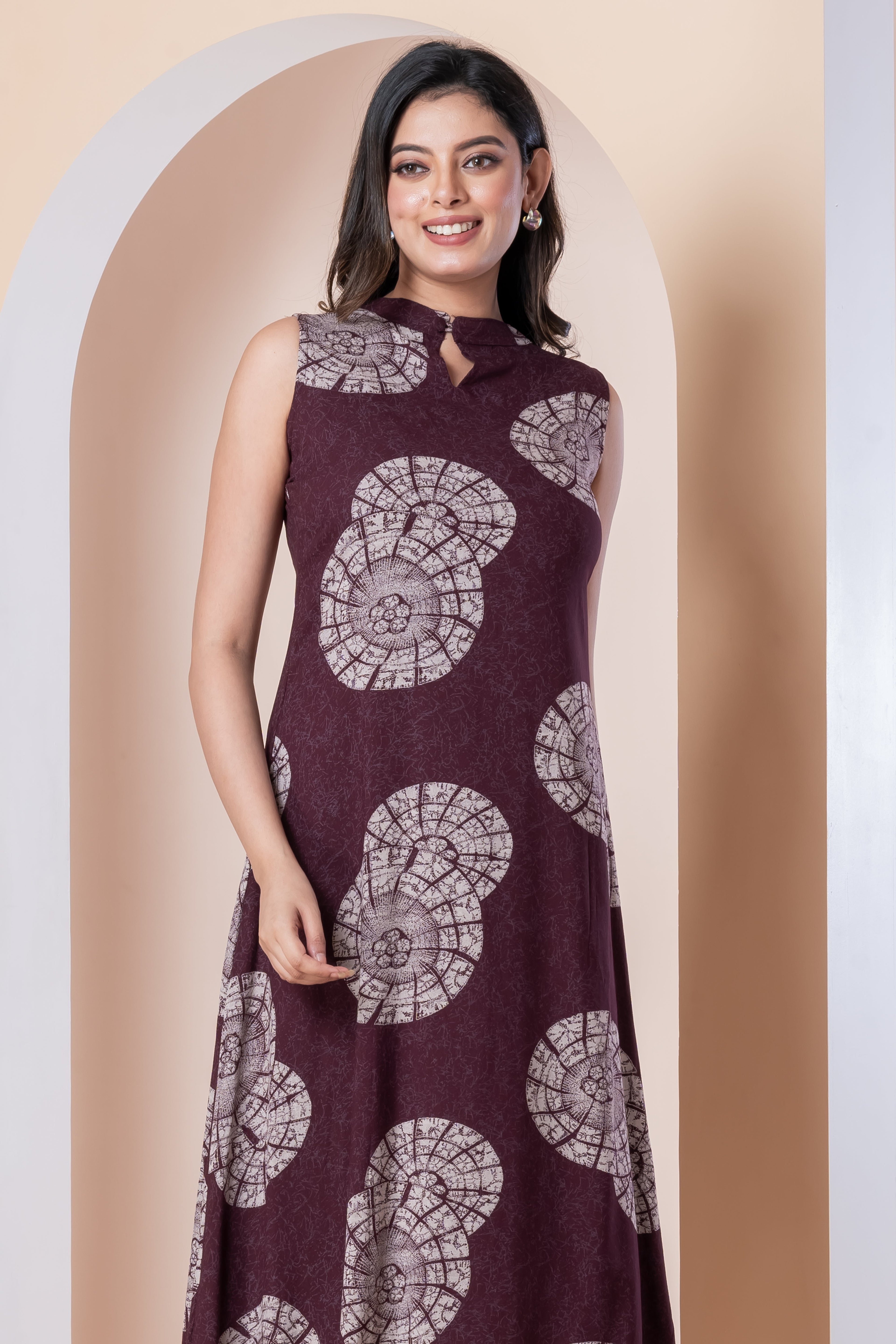 Wine Printed Sleeveless Kurti with Pants Set for Women