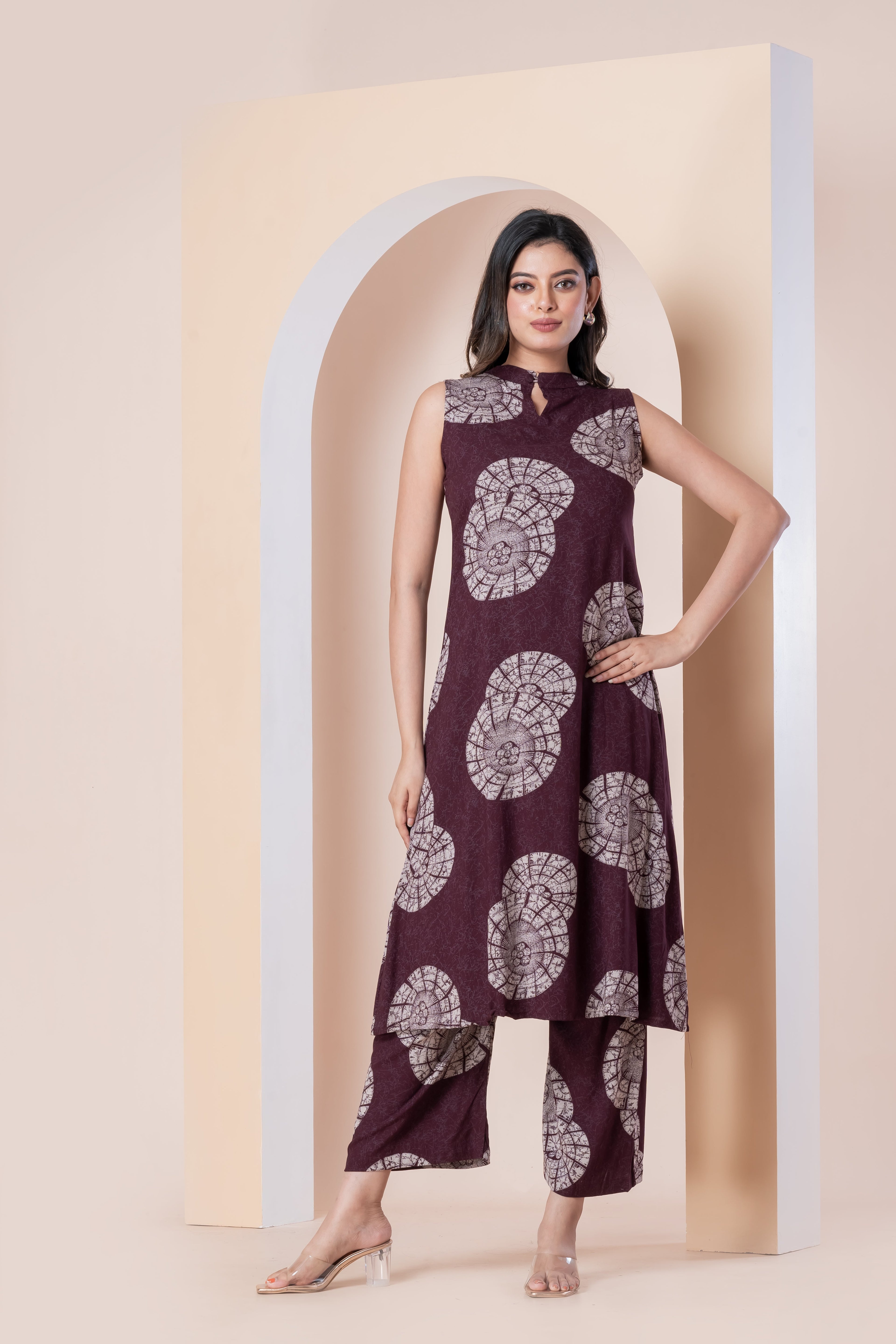 Wine Printed Sleeveless Kurti with Pants Set for Women