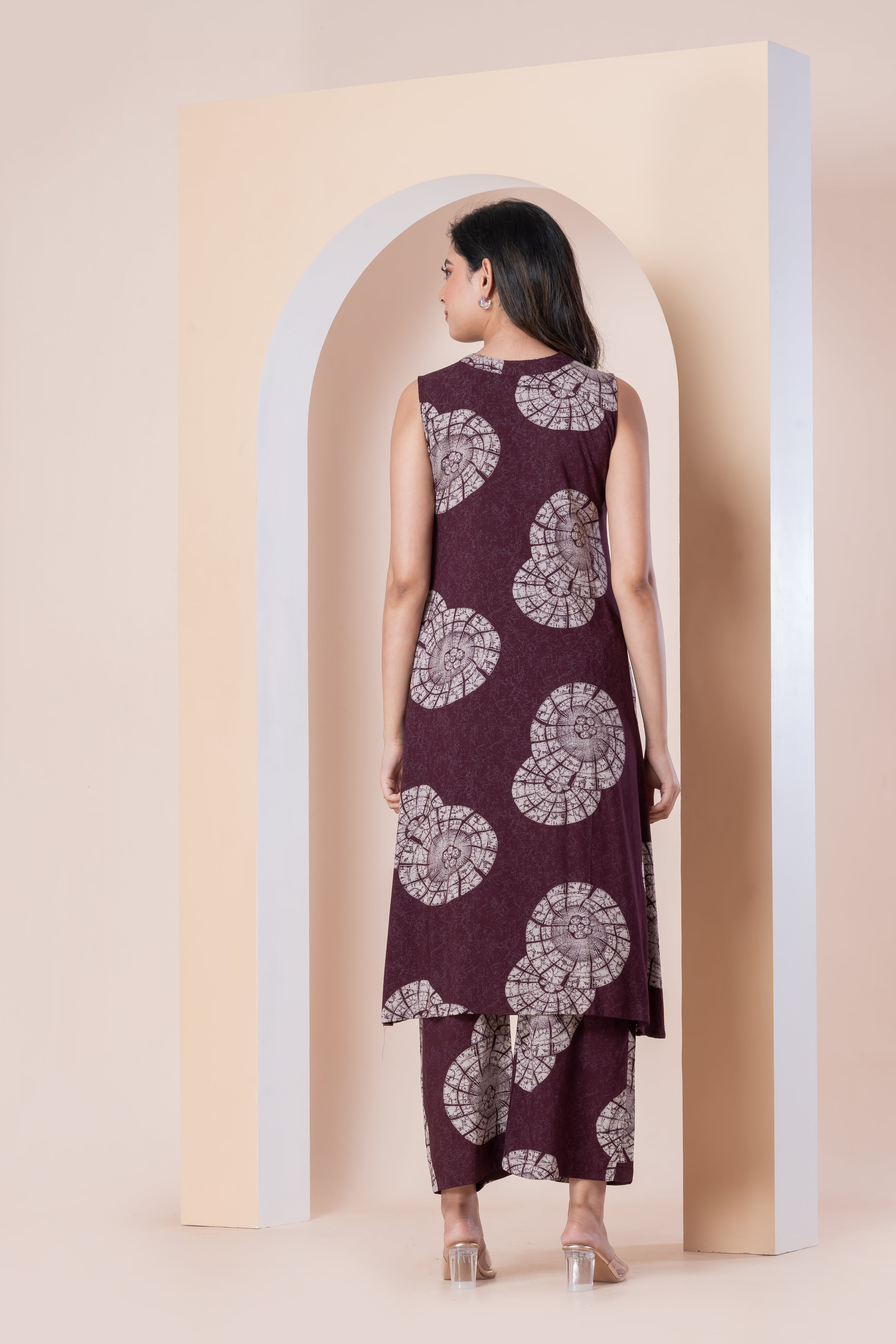 Wine Printed Sleeveless Kurti with Pants Set for Women