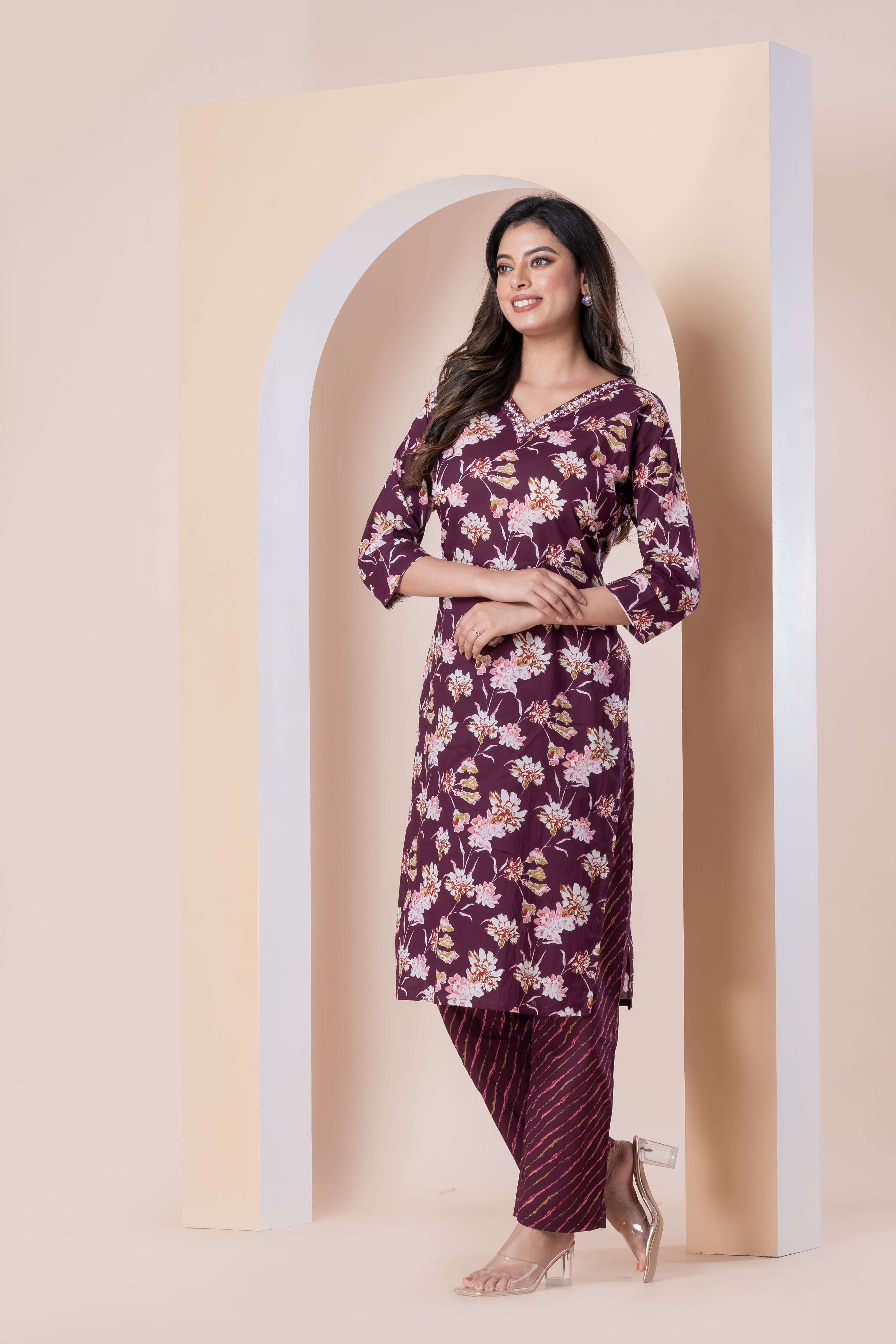 Wine Floral Printed Kurti with Pants Set