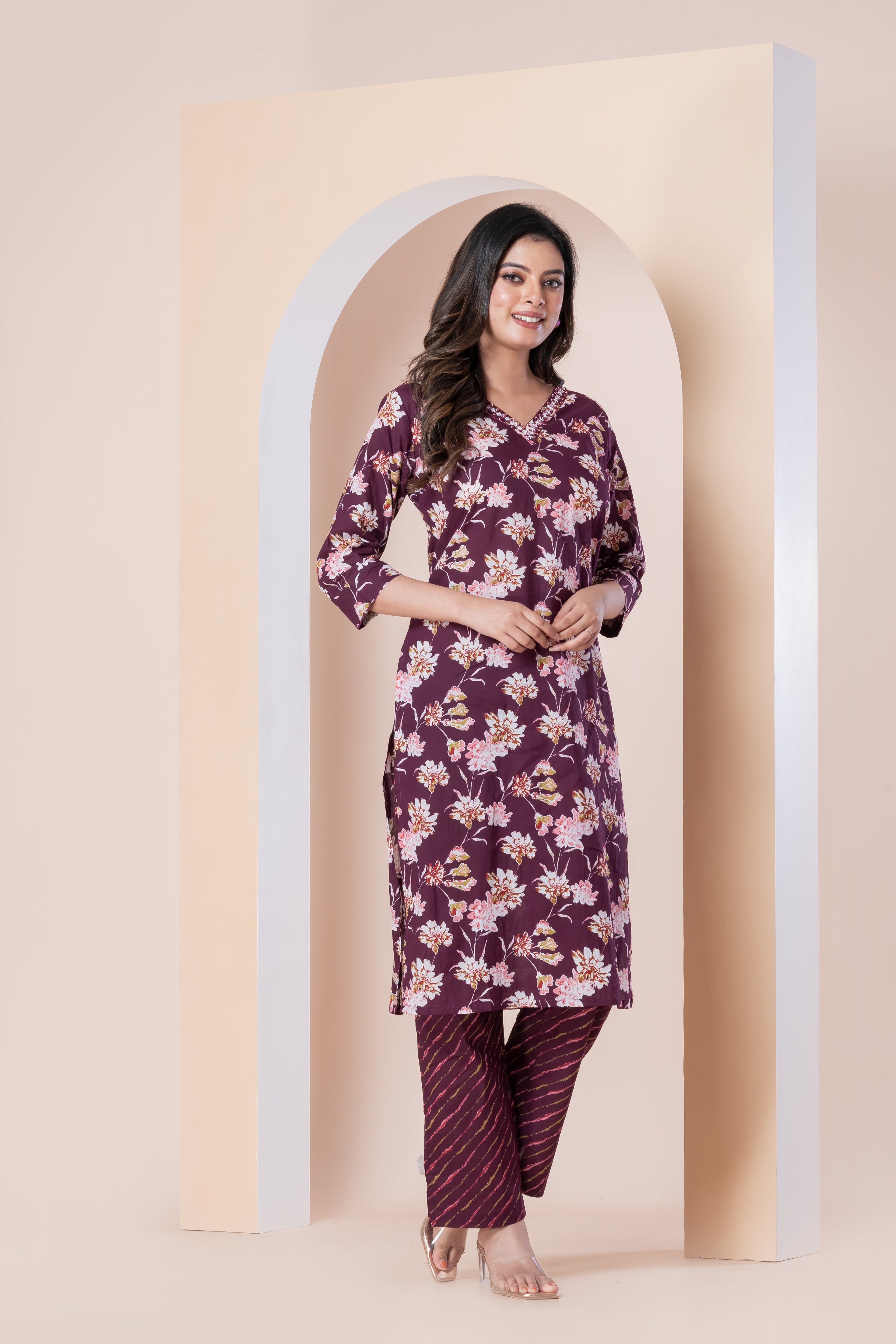 Wine Floral Printed Kurti with Pants Set