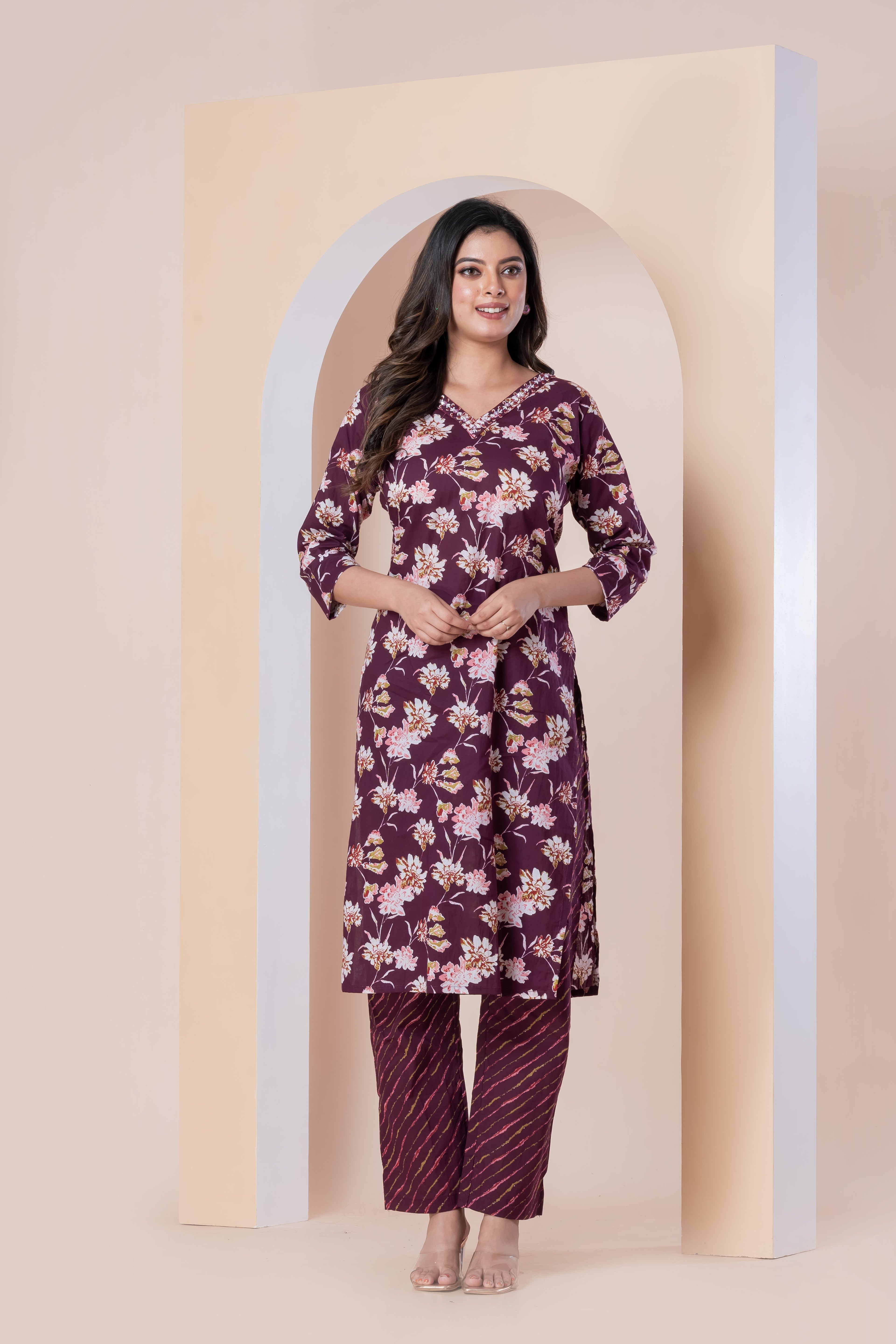Wine Floral Printed Kurti with Pants Set