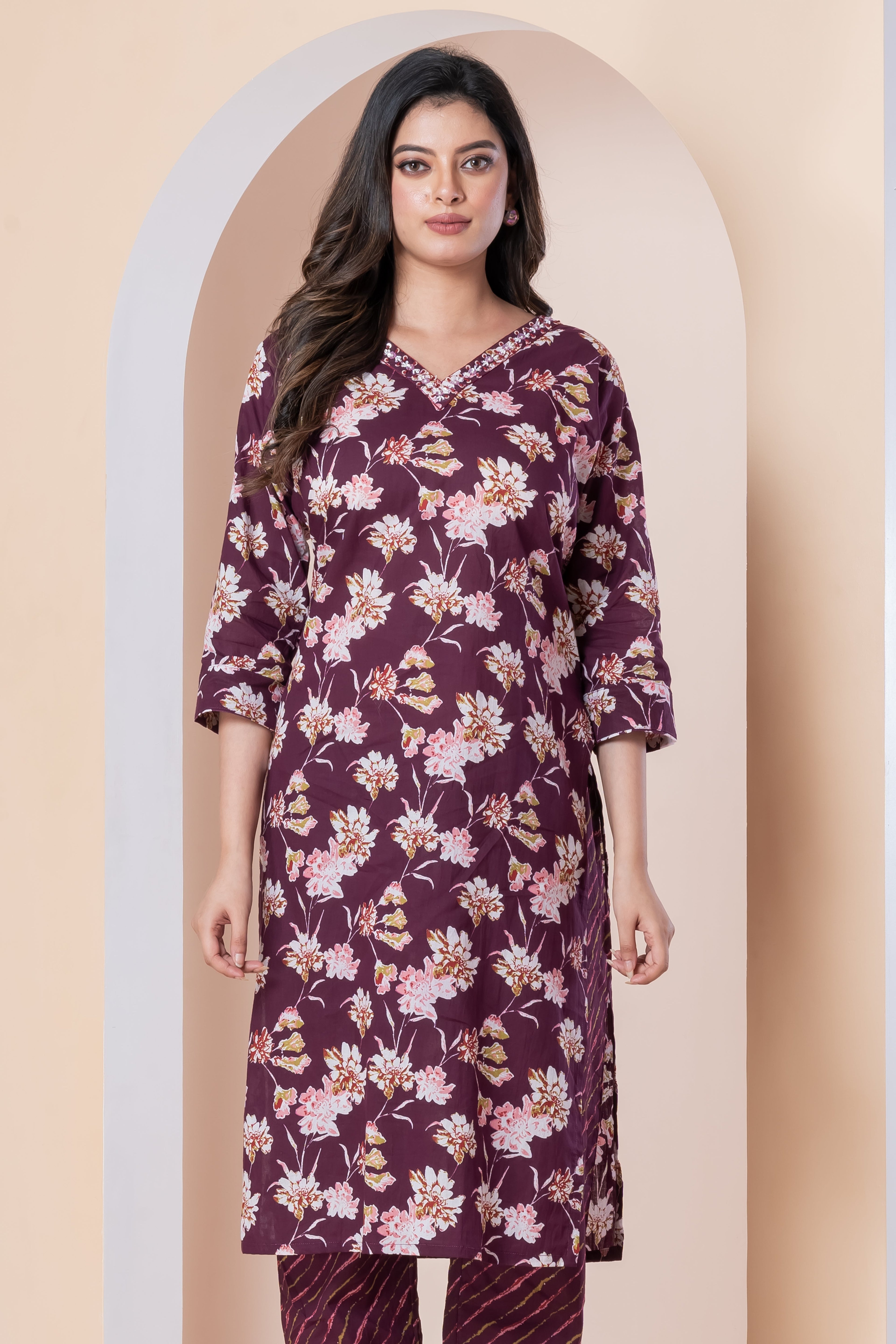 Wine Floral Printed Kurti with Pants Set