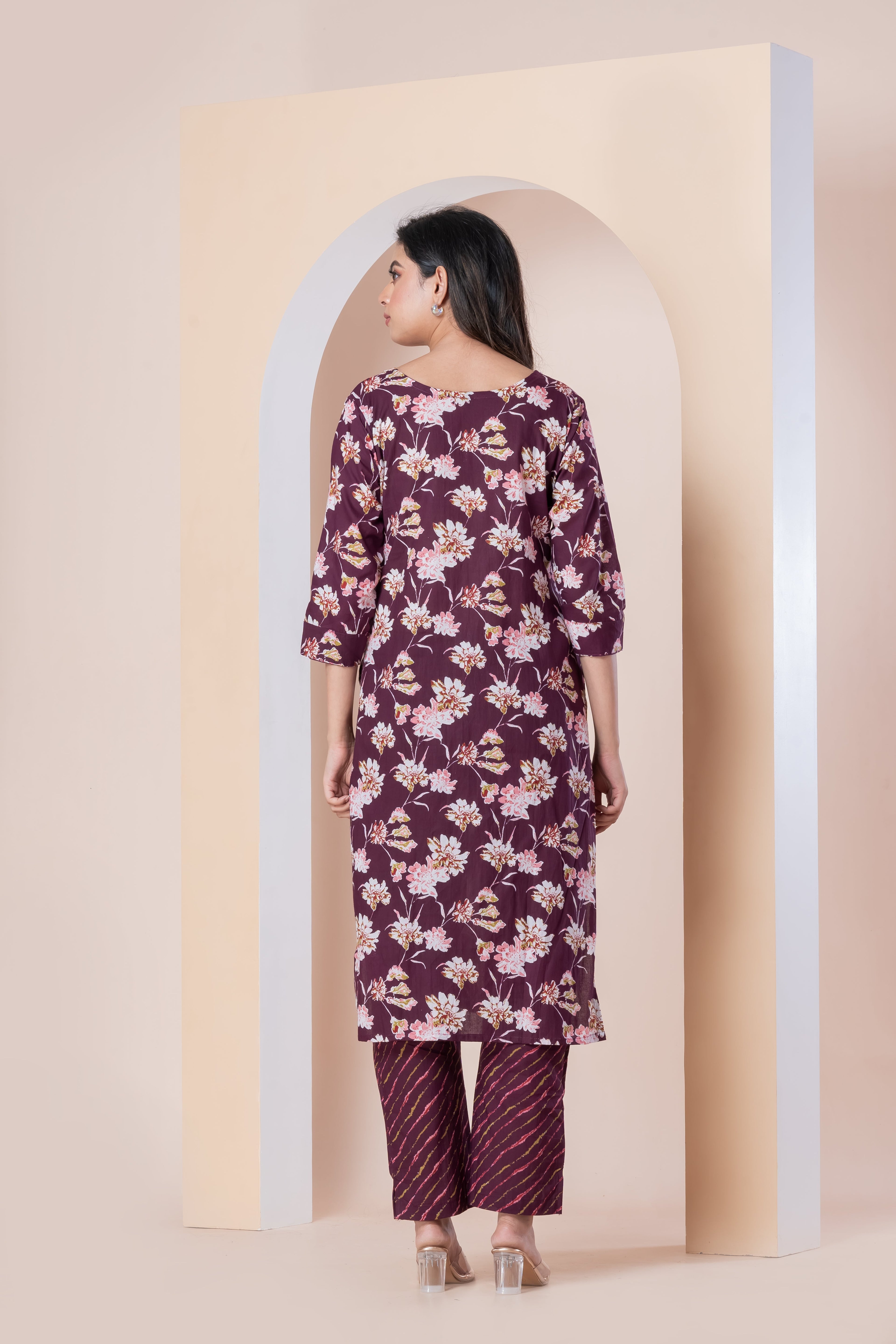 Wine Floral Printed Kurti with Pants Set