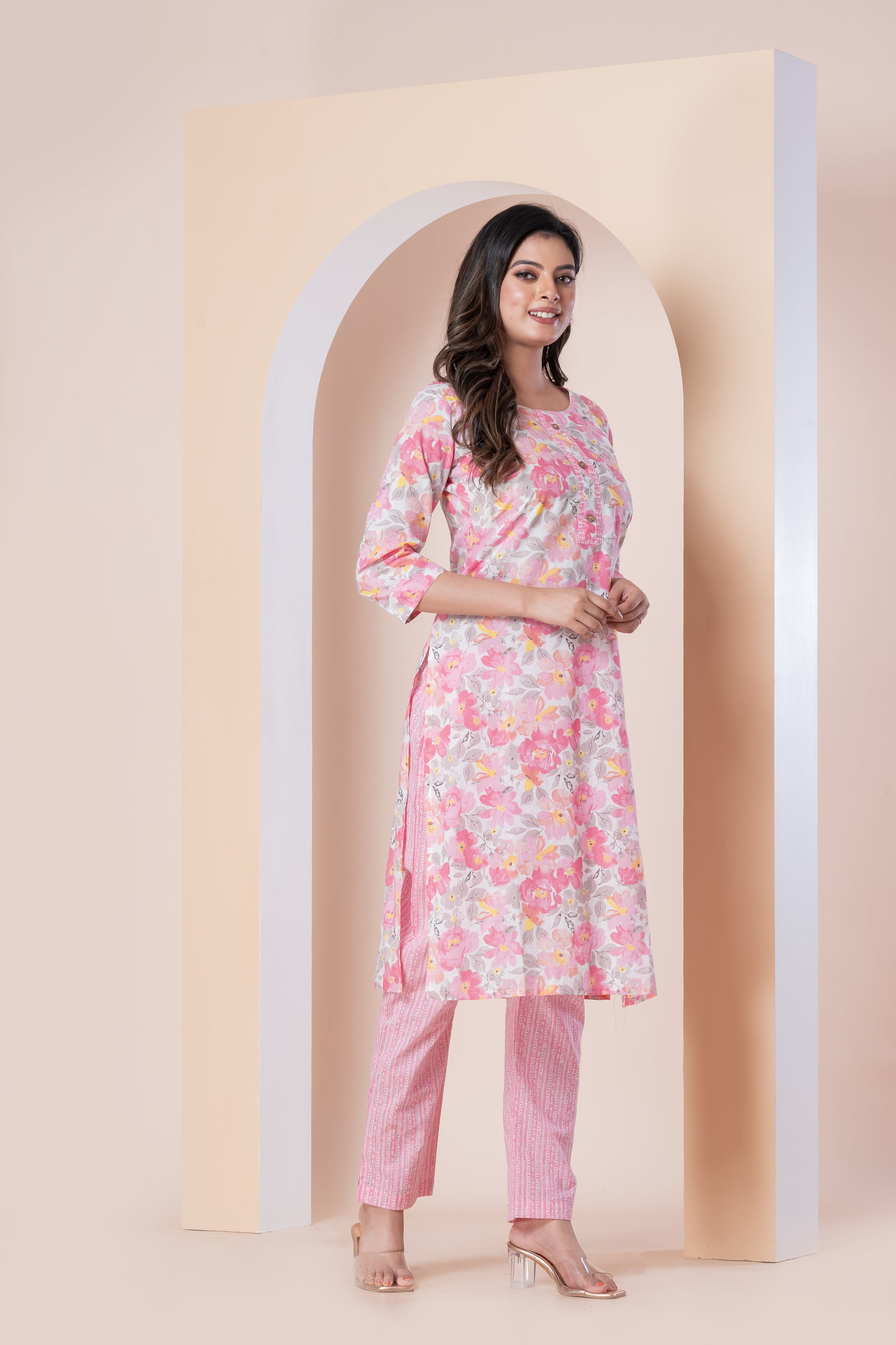 Pink Floral Printed Kurti with Pant