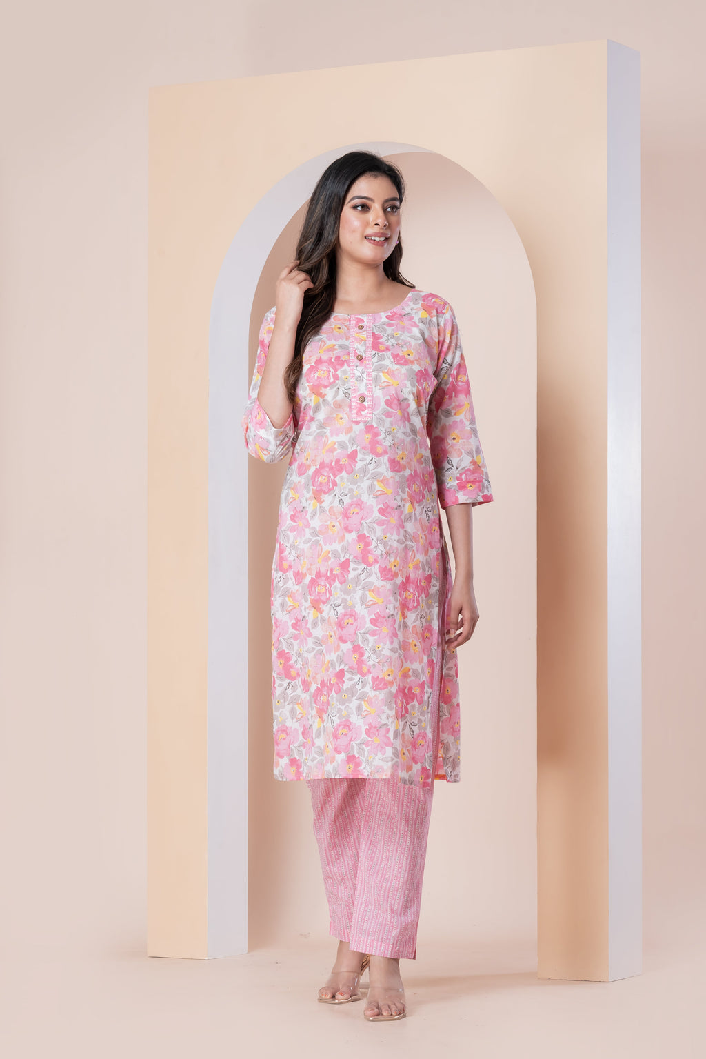 Pink Floral Printed Kurti with Pant