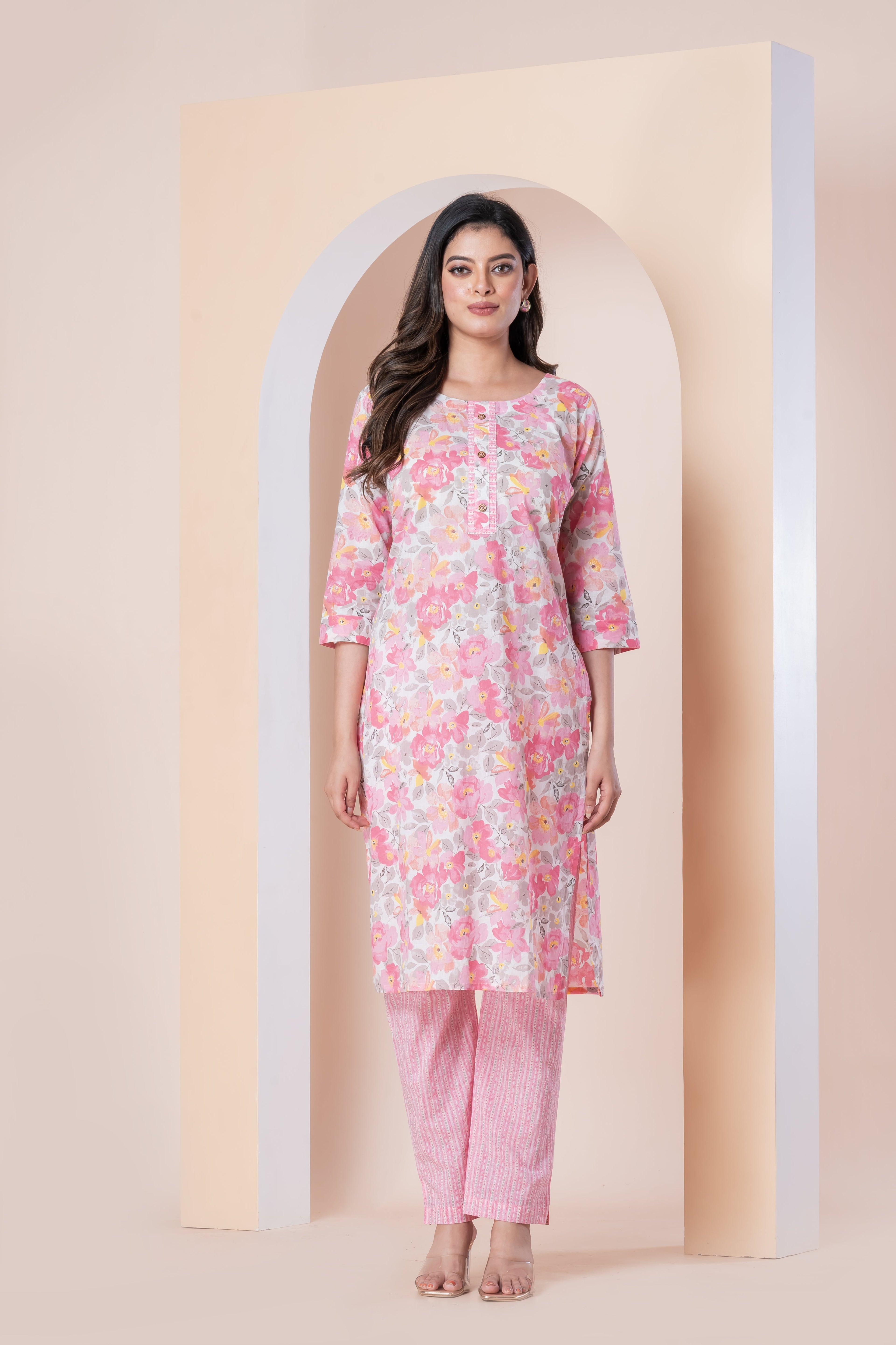 Pink Floral Printed Kurti with Pant