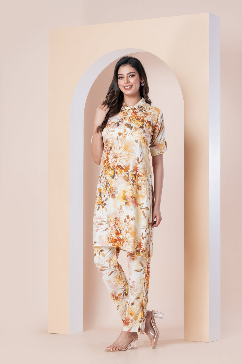 Cream Floral Printed Kurti with Pants Set for Women