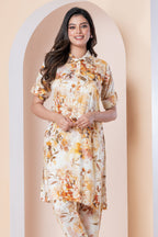 Cream Floral Printed Kurti with Pants Set for Women