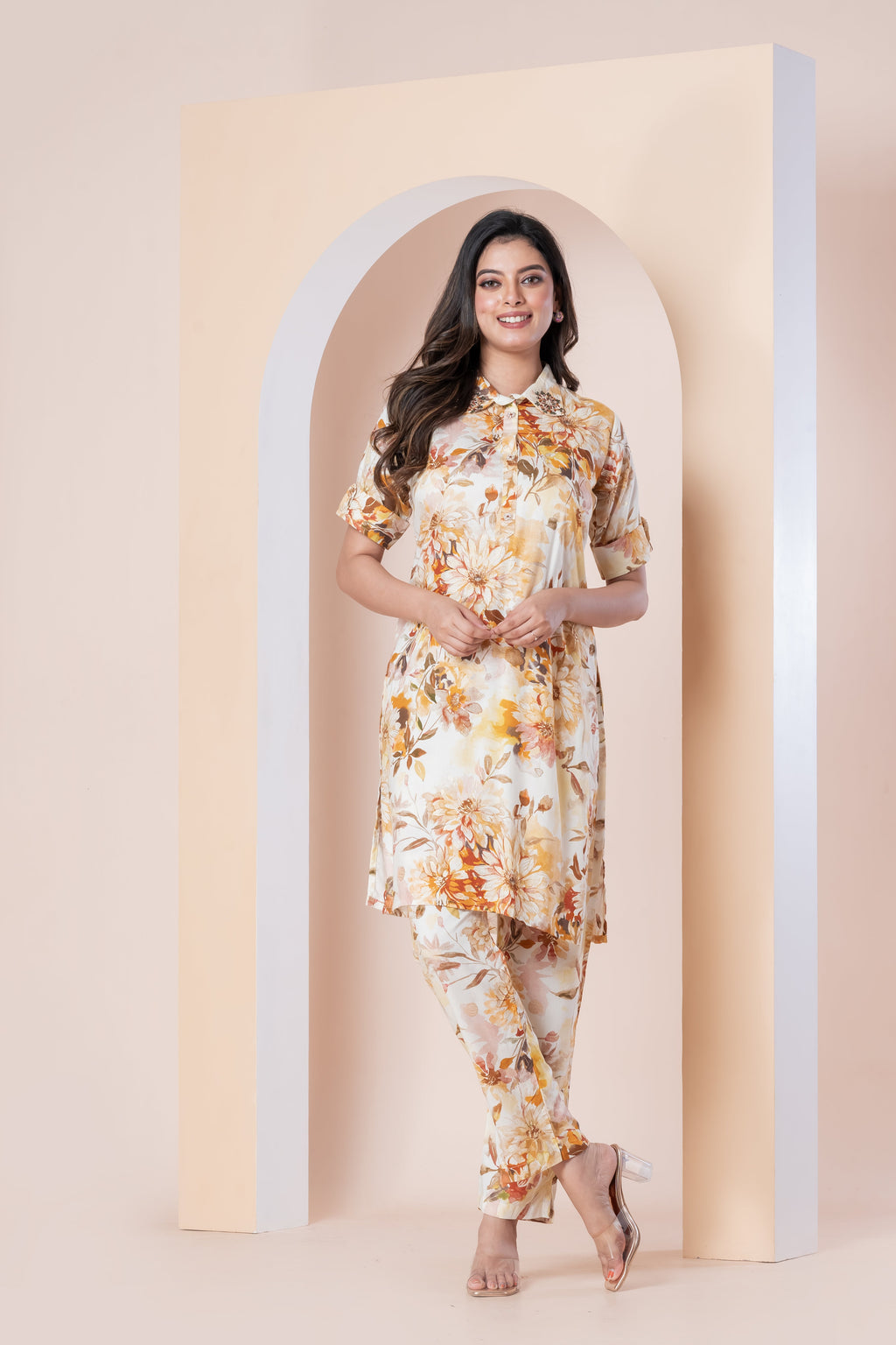 Cream Floral Printed Kurti with Pants Set for Women