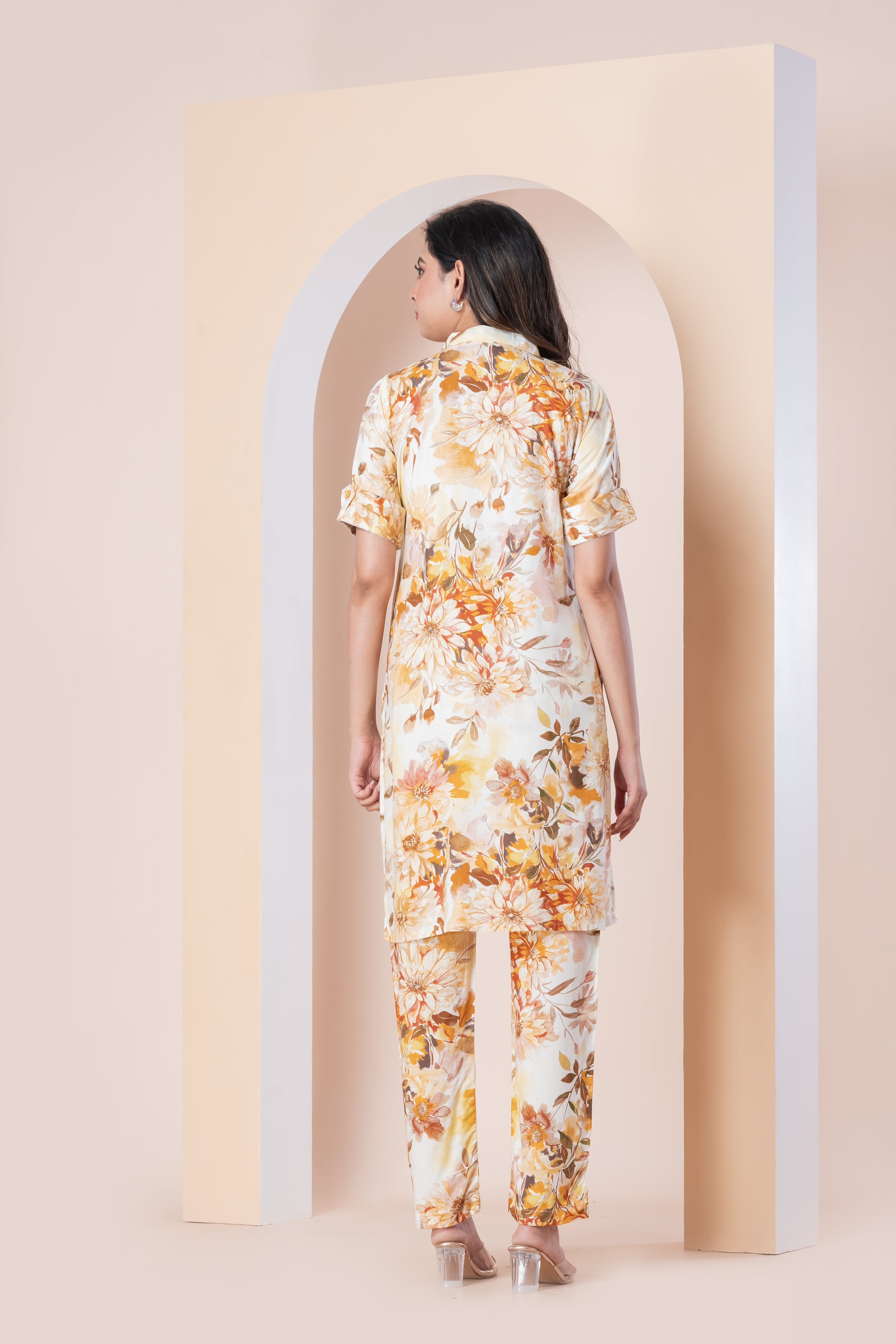 Cream Floral Printed Kurti with Pants Set for Women