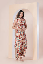 Beige Floral Printed Sleeveless Kurti with Pants Set