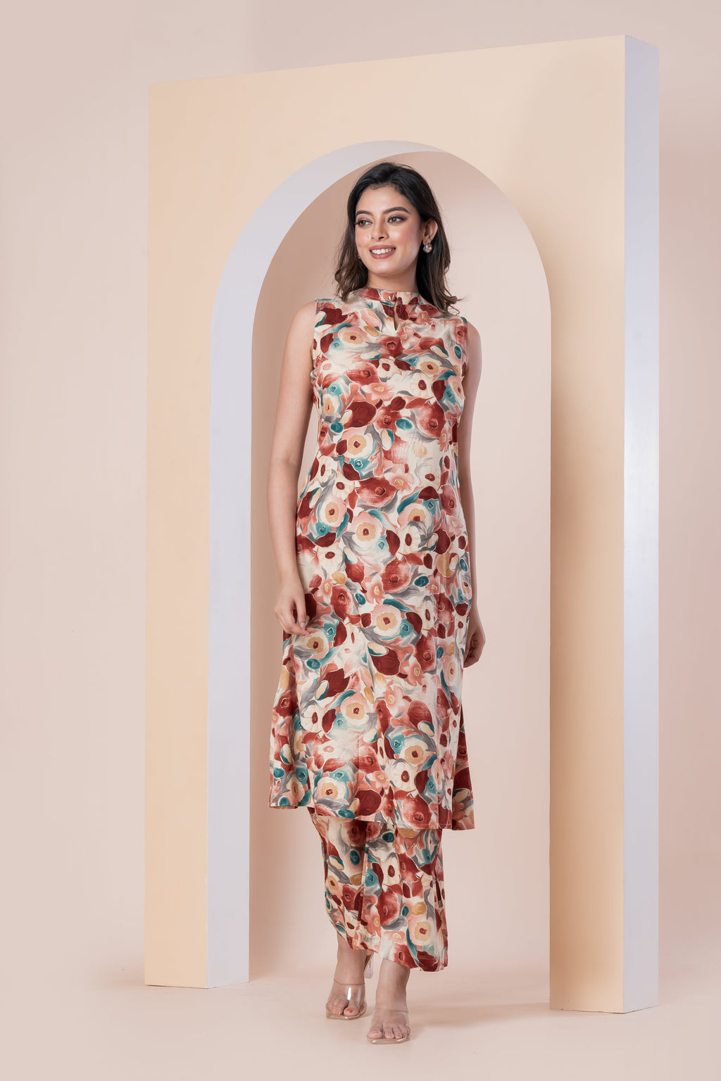 Beige Floral Printed Sleeveless Kurti with Pants Set