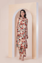 Beige Floral Printed Sleeveless Kurti with Pants Set