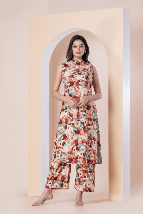 Beige Floral Printed Sleeveless Kurti with Pants Set