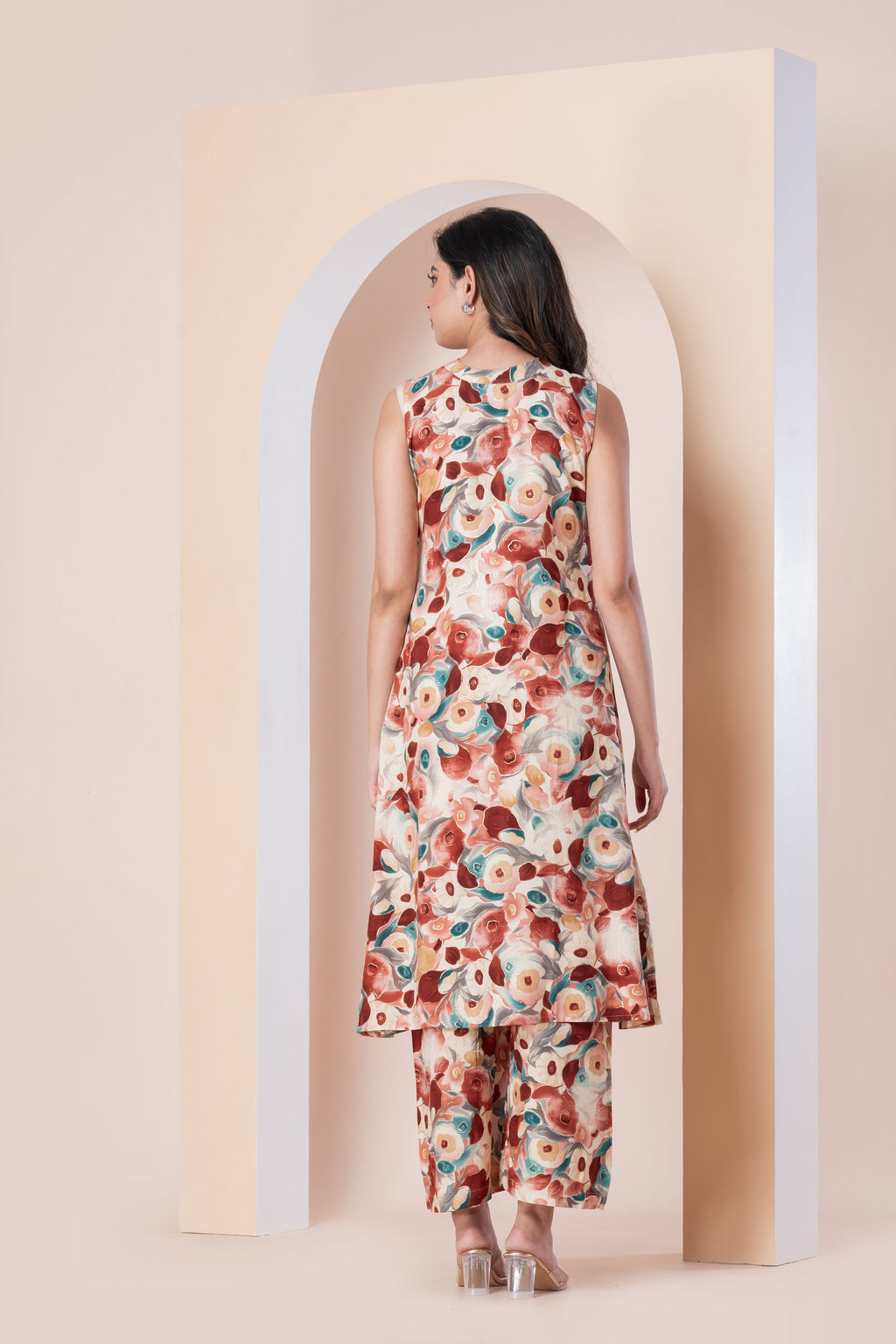 Beige Floral Printed Sleeveless Kurti with Pants Set