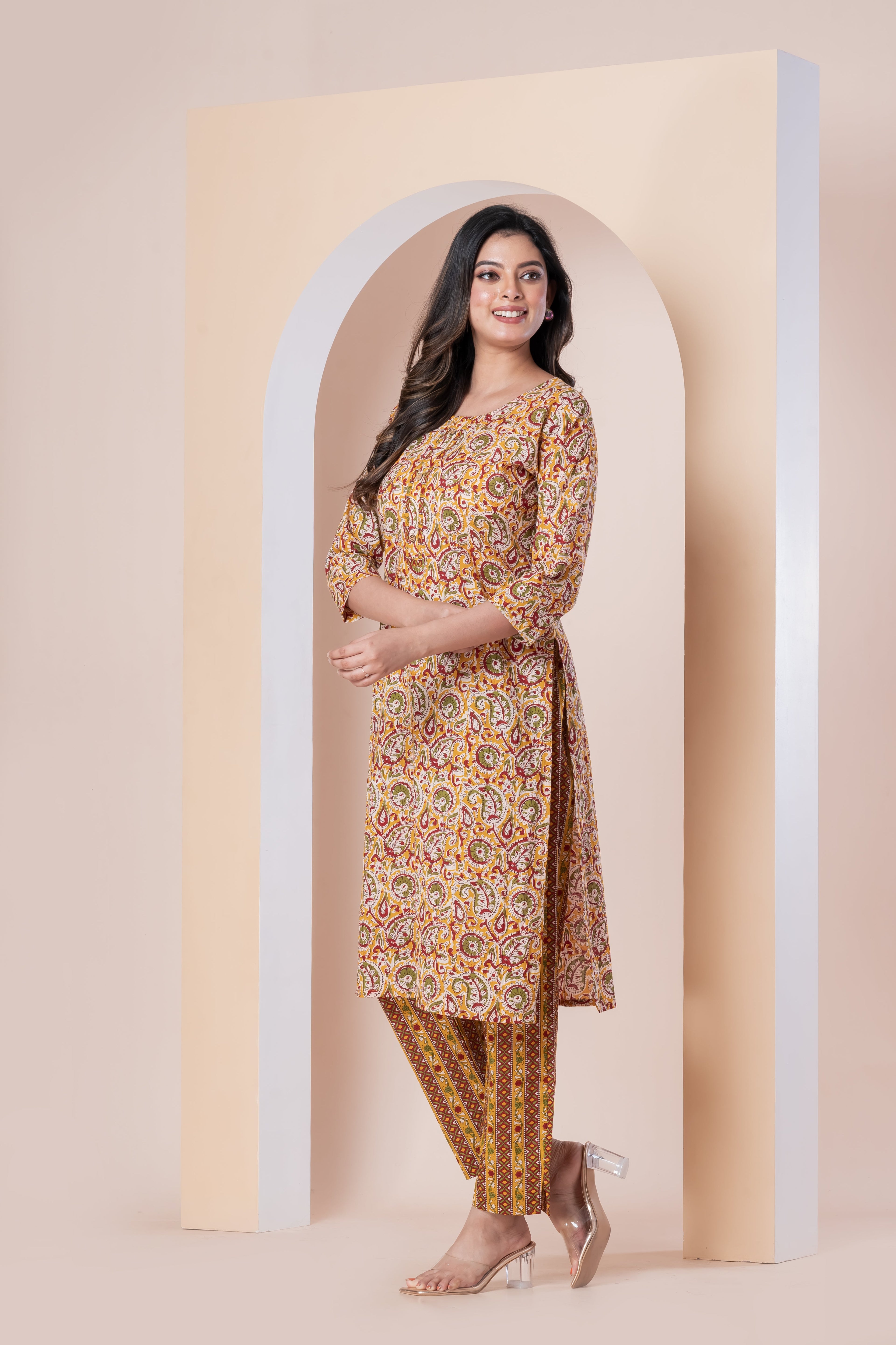 Mustard Paisley Printed Kurti with Pants Set