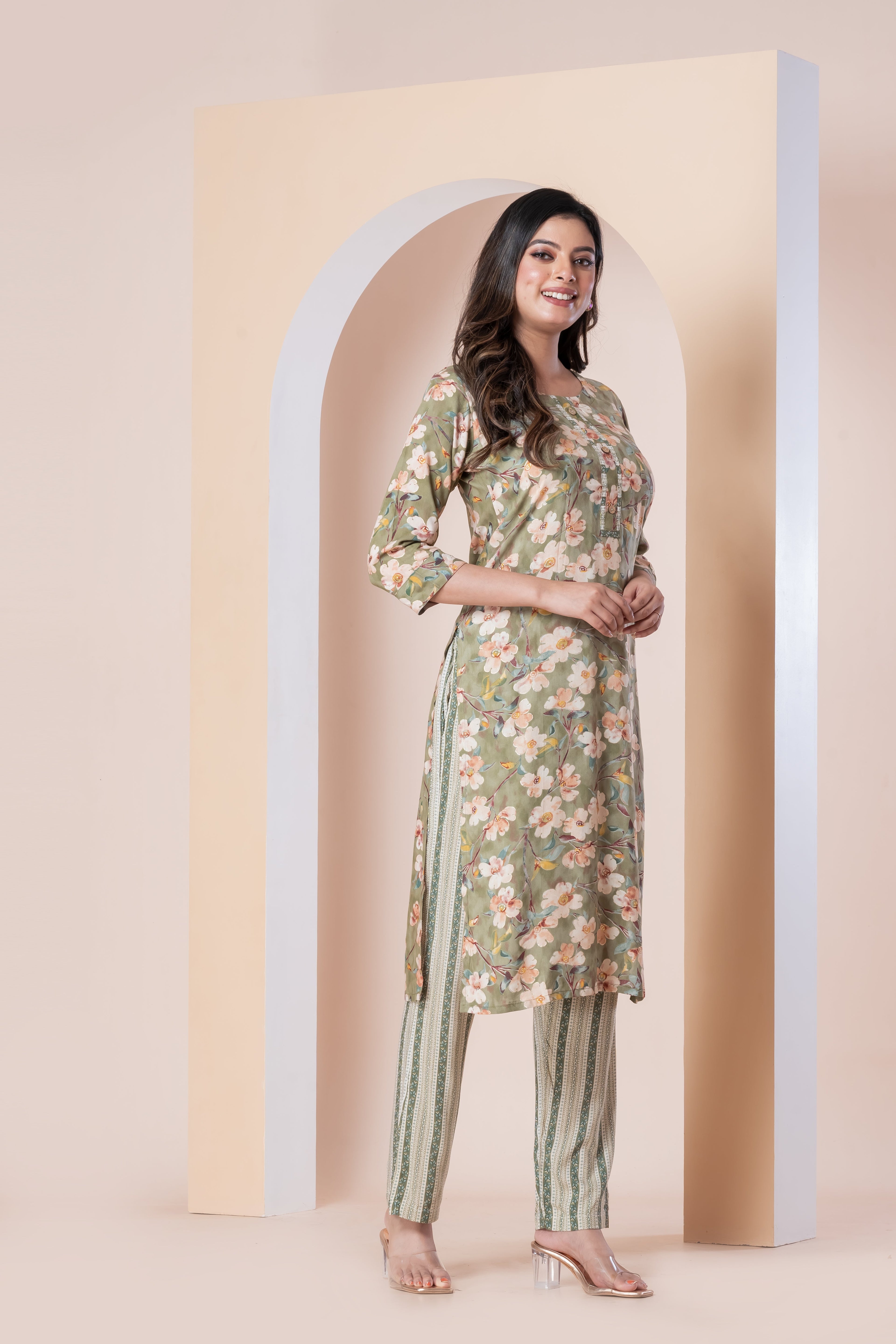 Sage Green Floral Printed Kurti with Striped Pants Set