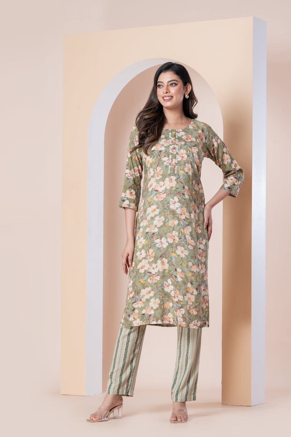 Sage Green Floral Printed Kurti with Striped Pants Set