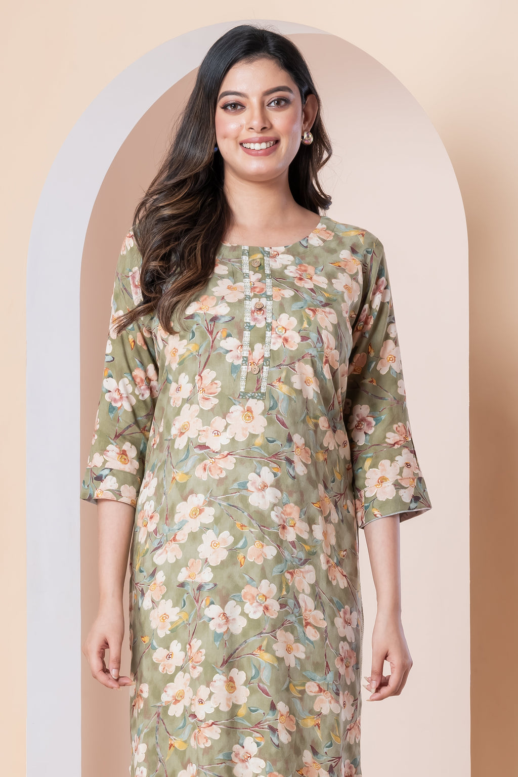 Sage Green Floral Printed Kurti with Striped Pants Set