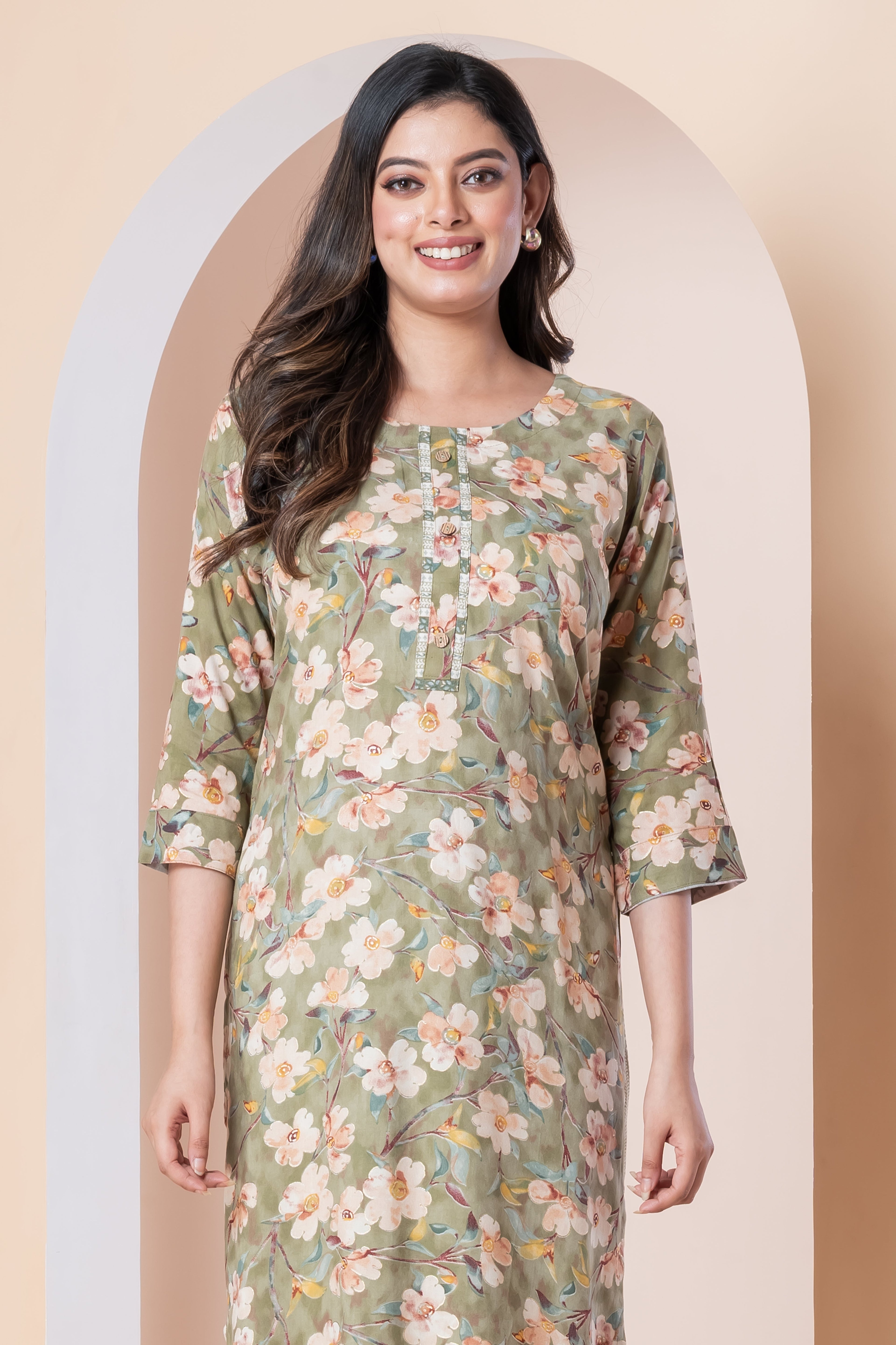 Sage Green Floral Printed Kurti with Striped Pants Set
