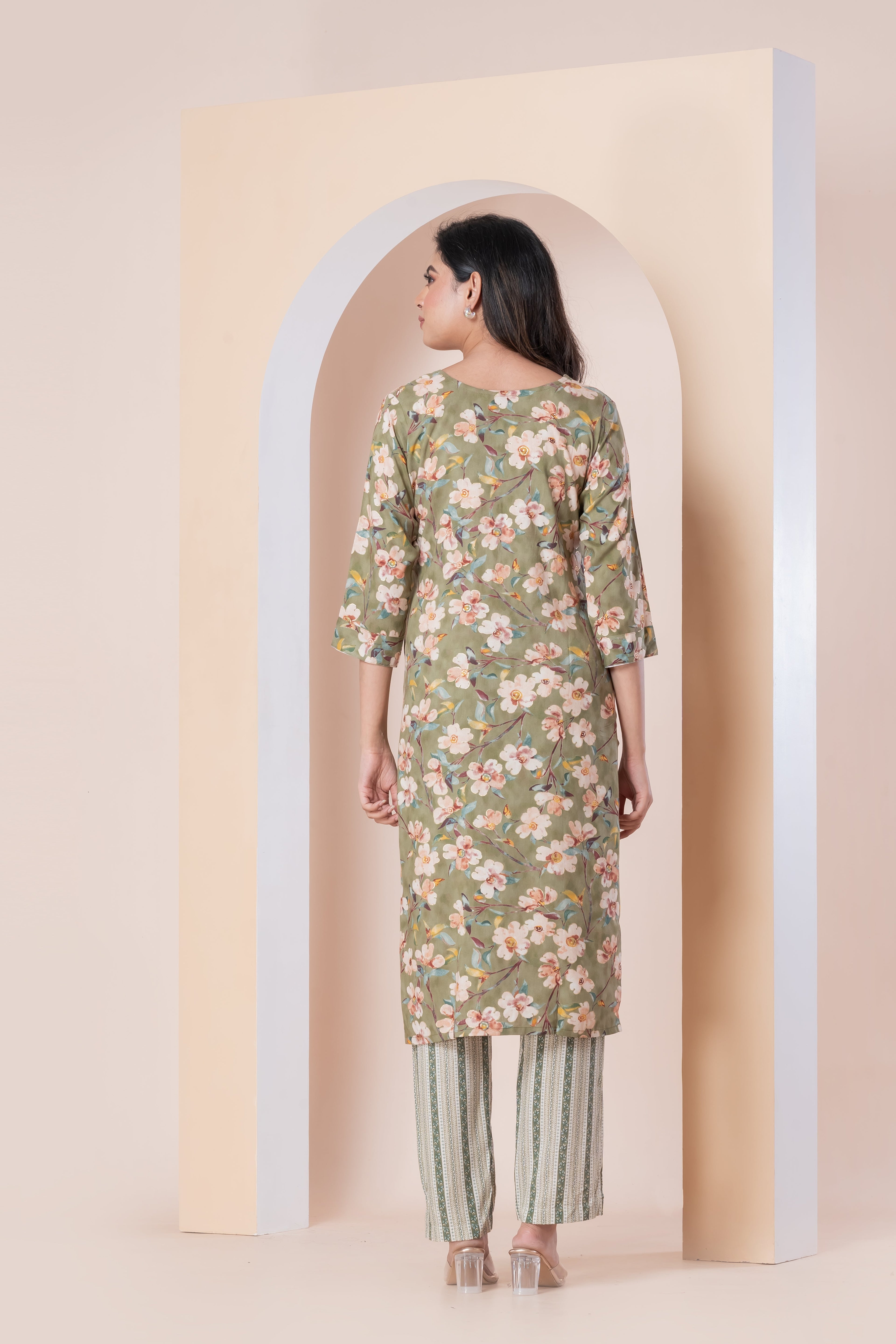Sage Green Floral Printed Kurti with Striped Pants Set