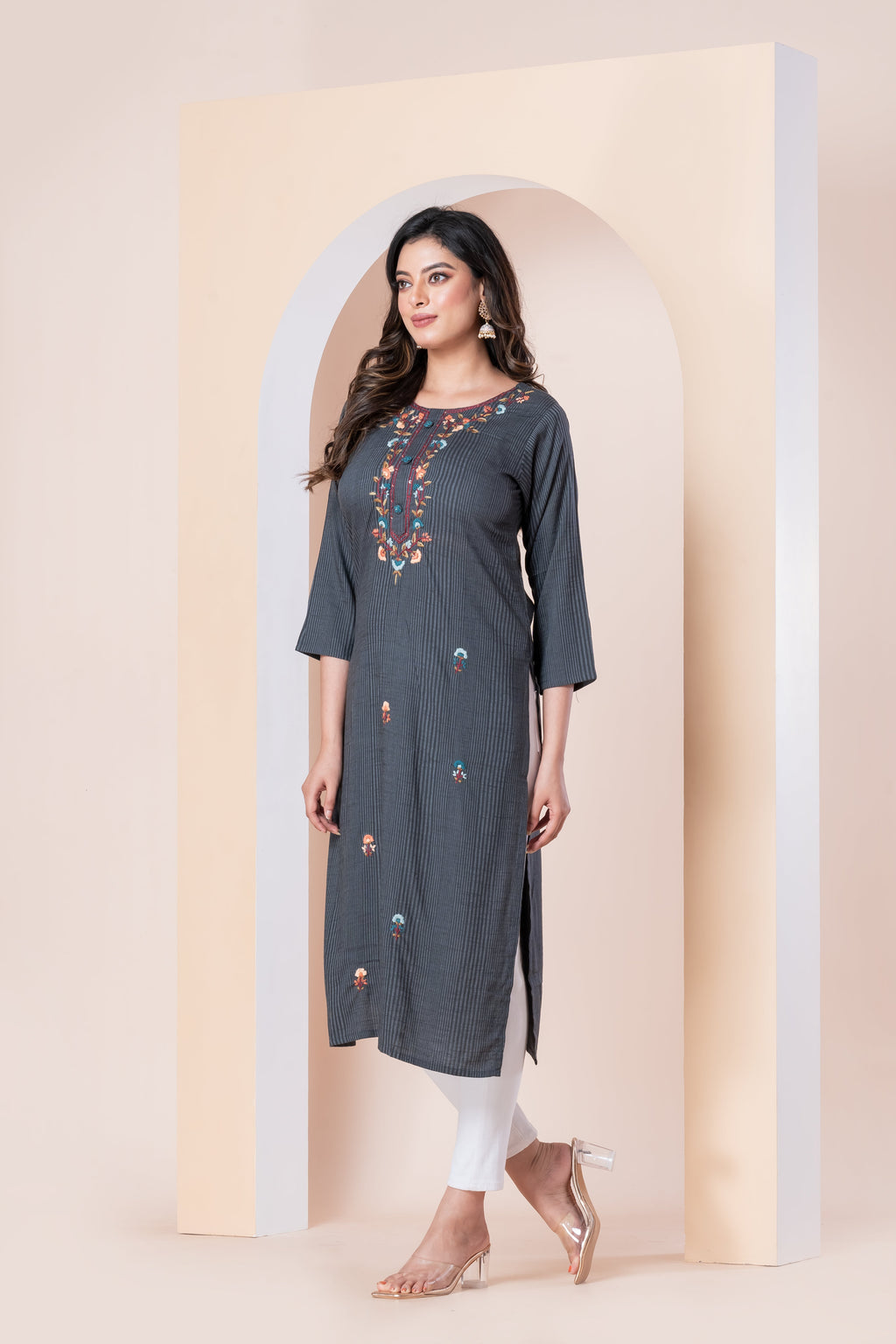 Charcoal Grey Striped Embroidered Kurti