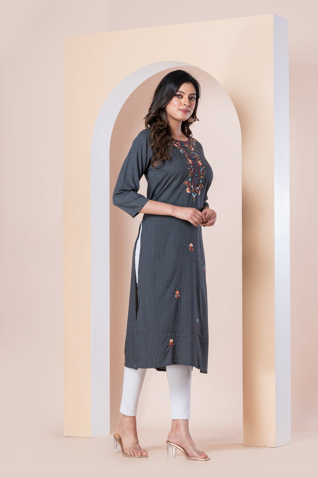 Charcoal Grey Striped Embroidered Kurti