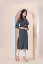 Charcoal Grey Striped Embroidered Kurti
