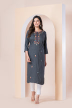 Charcoal Grey Striped Embroidered Kurti