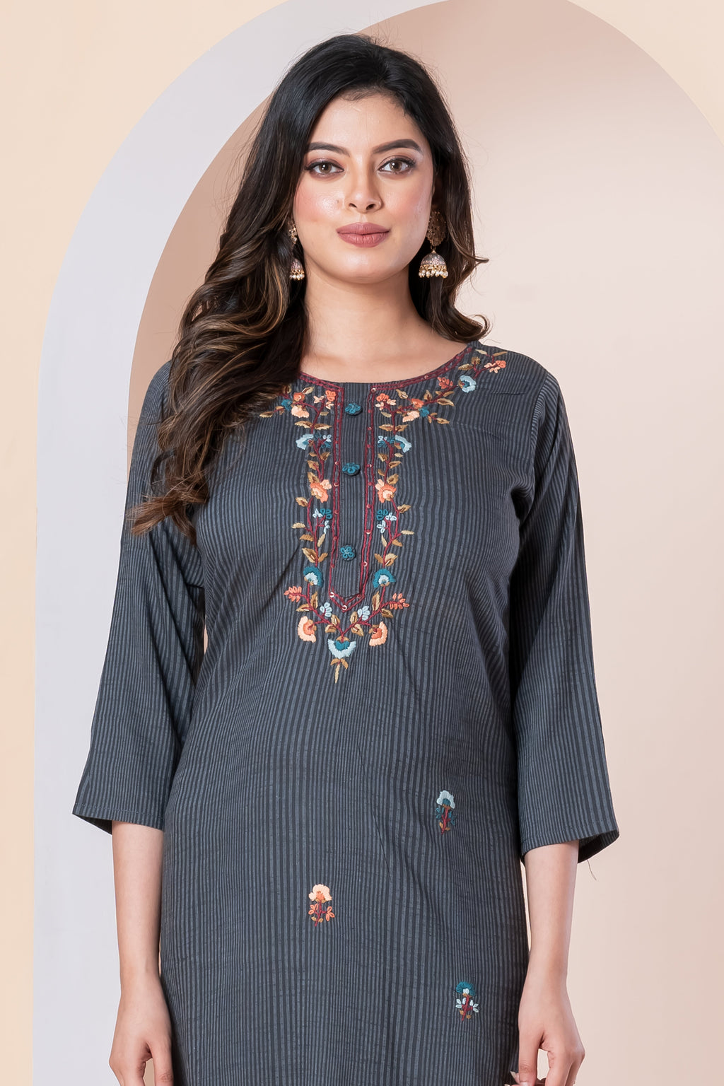 Charcoal Grey Striped Embroidered Kurti