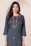Charcoal Grey Striped Embroidered Kurti