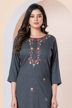 Charcoal Grey Striped Embroidered Kurti