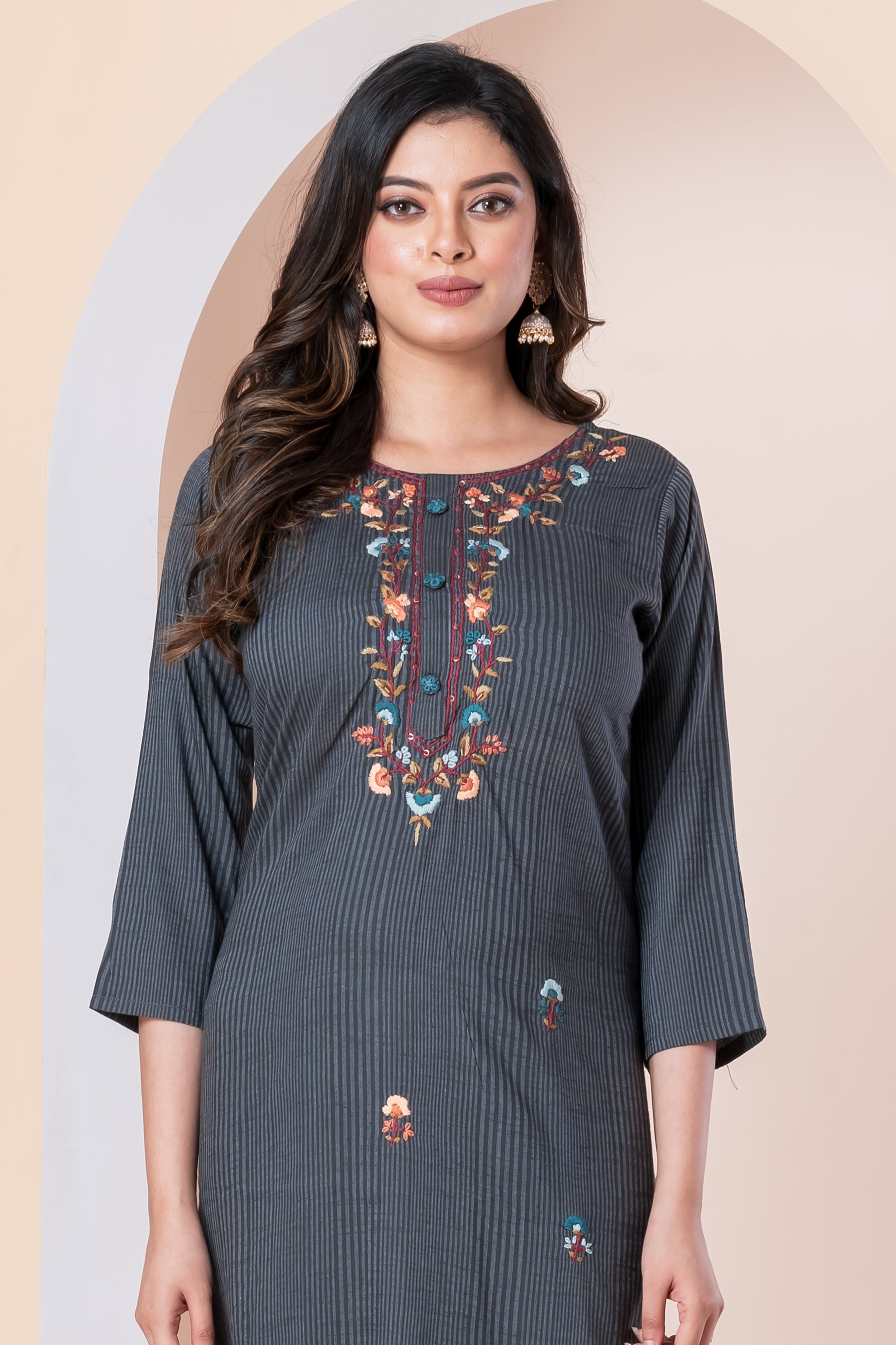 Charcoal Grey Striped Embroidered Kurti