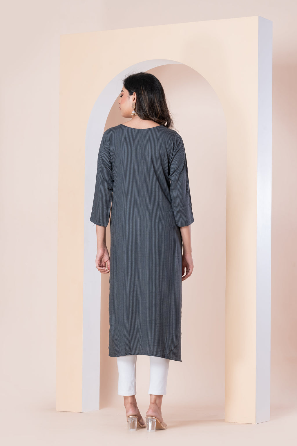 Charcoal Grey Striped Embroidered Kurti