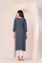 Charcoal Grey Striped Embroidered Kurti
