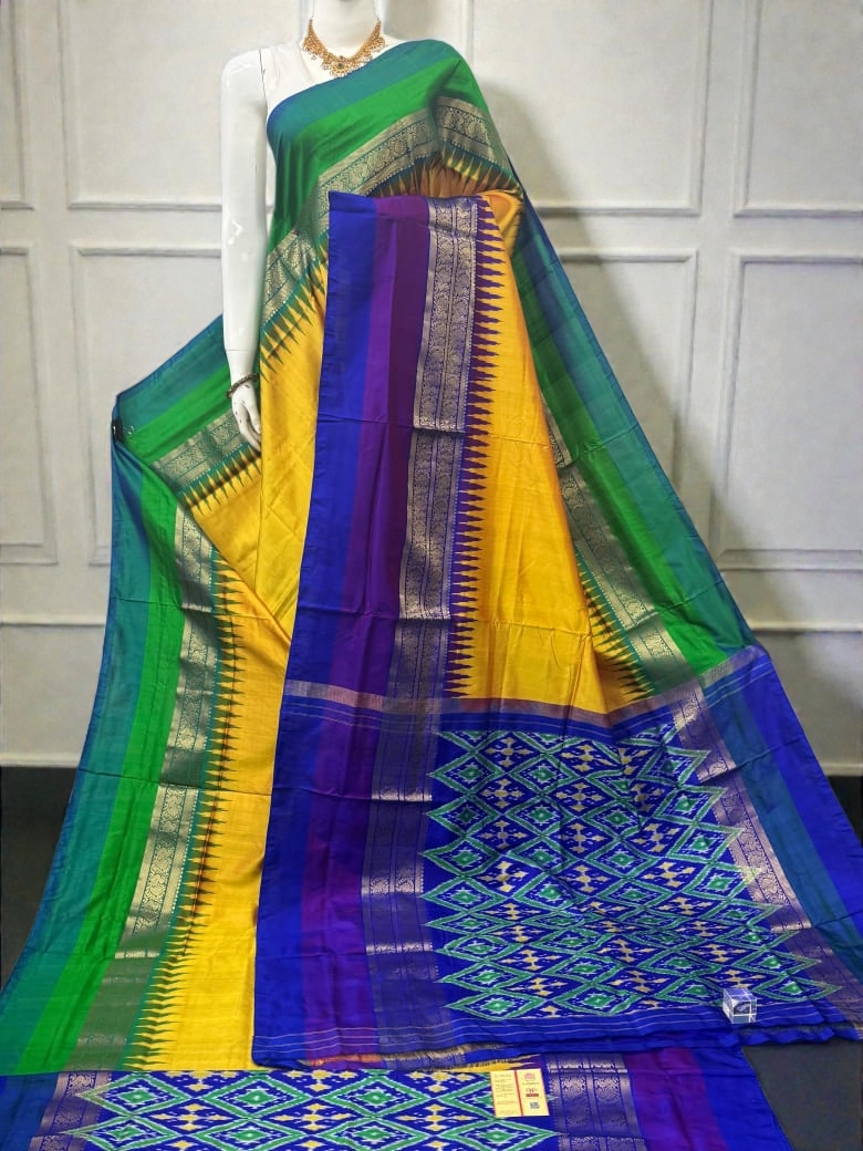 Pure Ikkat Silk Saree with Dual Contrast Border | Traditional Festive Wear