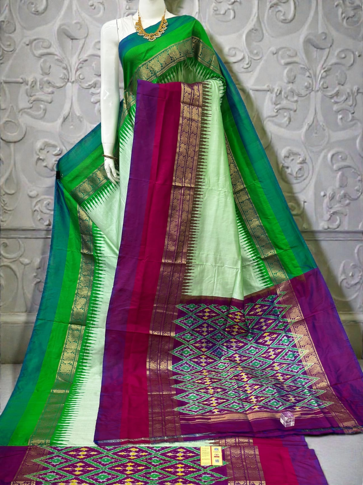 Pure Ikkat Silk Saree  with Dual Contrast Border | Traditional Festive Wear