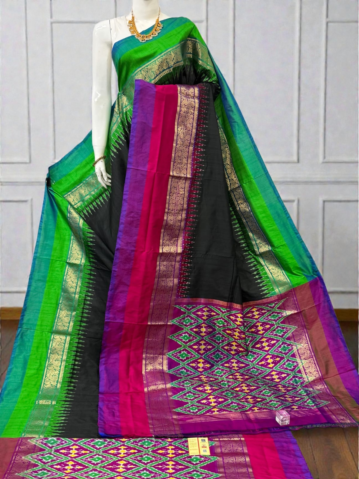 Pure Ikkat Silk Saree with Dual Contrast Border | Traditional Festive Wear