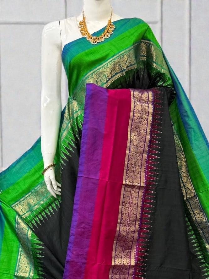 Pure Ikkat Silk Saree with Dual Contrast Border | Traditional Festive Wear