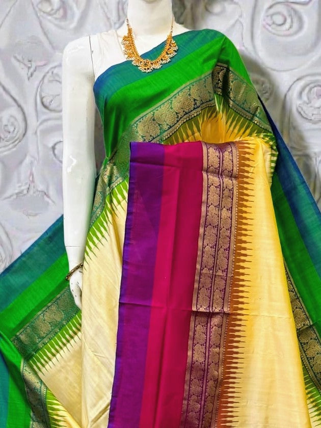Pure Ikkat Silk Saree in Cream with Dual Contrast Border | Traditional Festive Wear