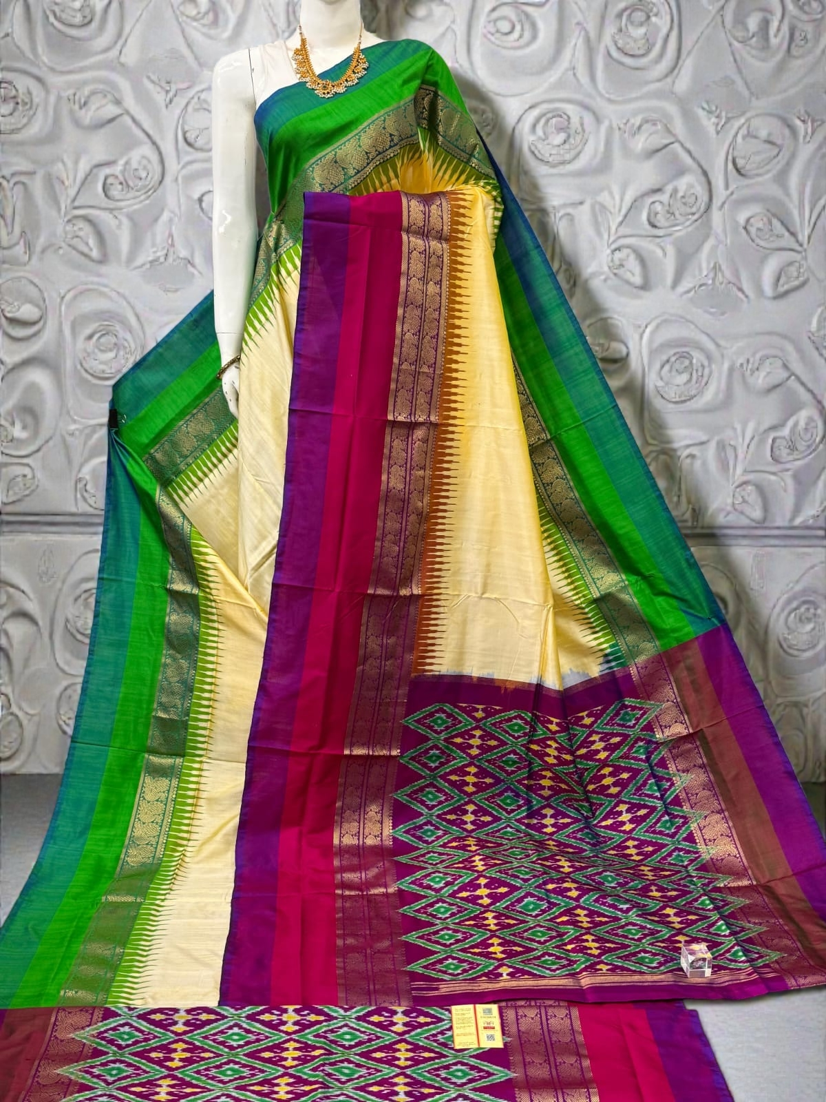 Pure Ikkat Silk Saree in Cream with Dual Contrast Border | Traditional Festive Wear