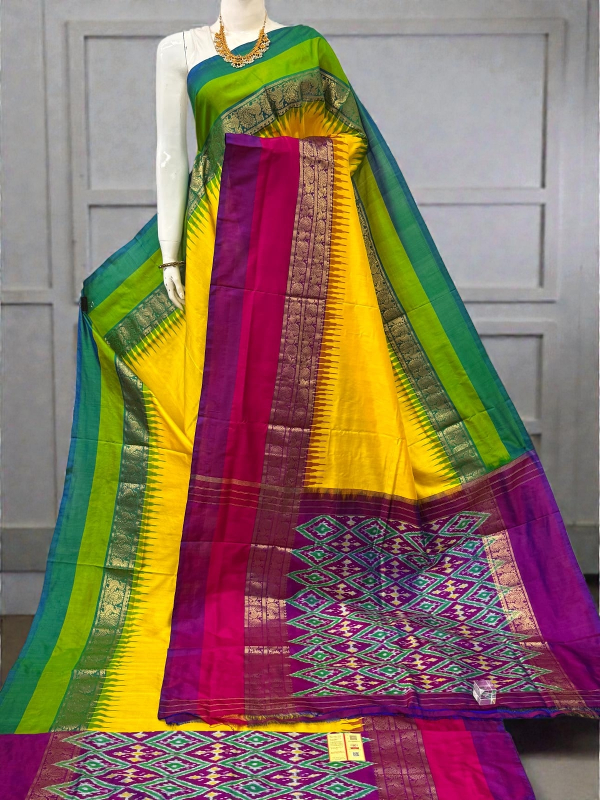 Pure Ikkat Silk Saree with Dual Contrast Border | Traditional Festive Wear