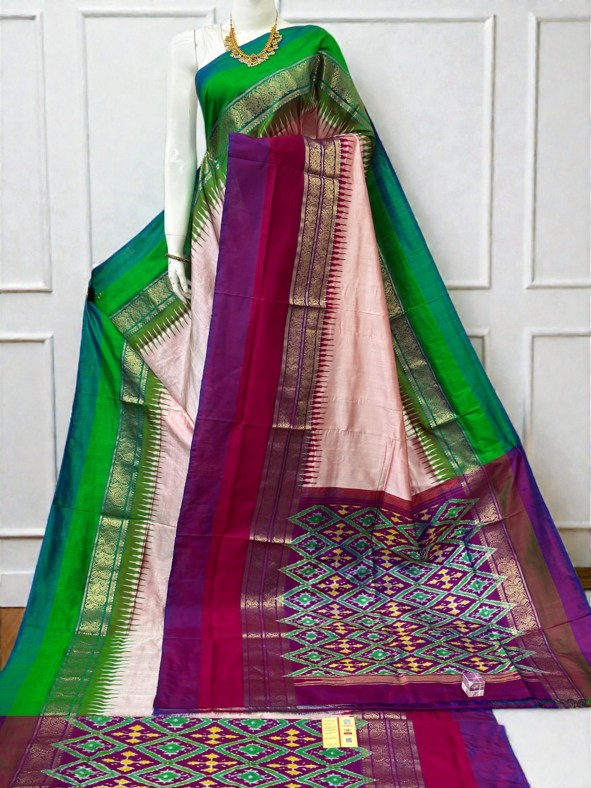 Pure Ikkat Silk Saree with Dual Contrast Border | Traditional Festive Wear