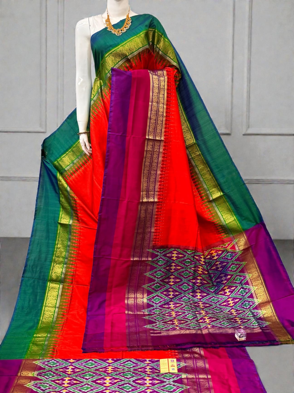 Pure Ikkat Silk Saree with Dual Contrast Border | Traditional Festive Wear