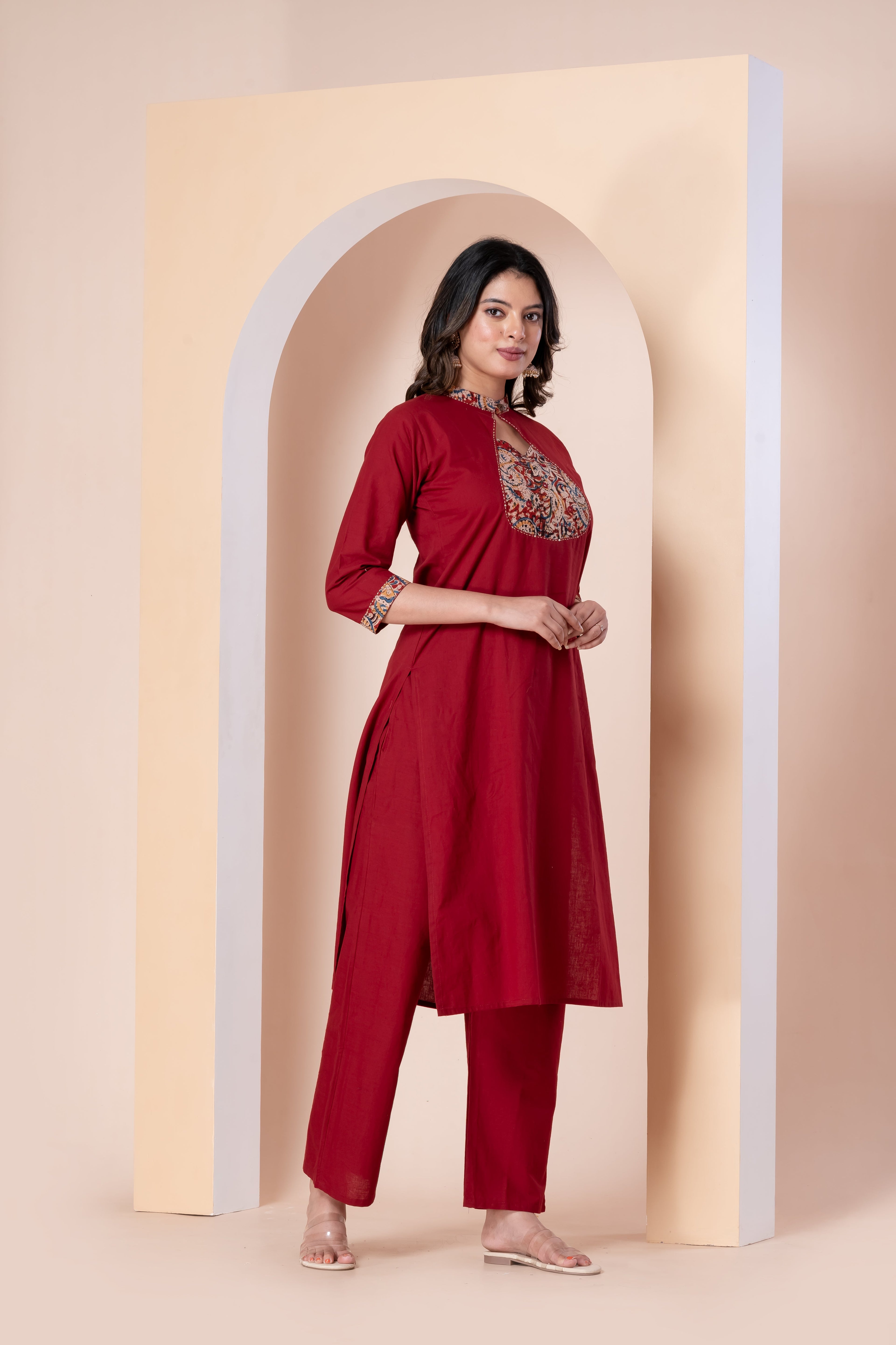 Maroon Red Printed Yoke Kurti Set with Pant