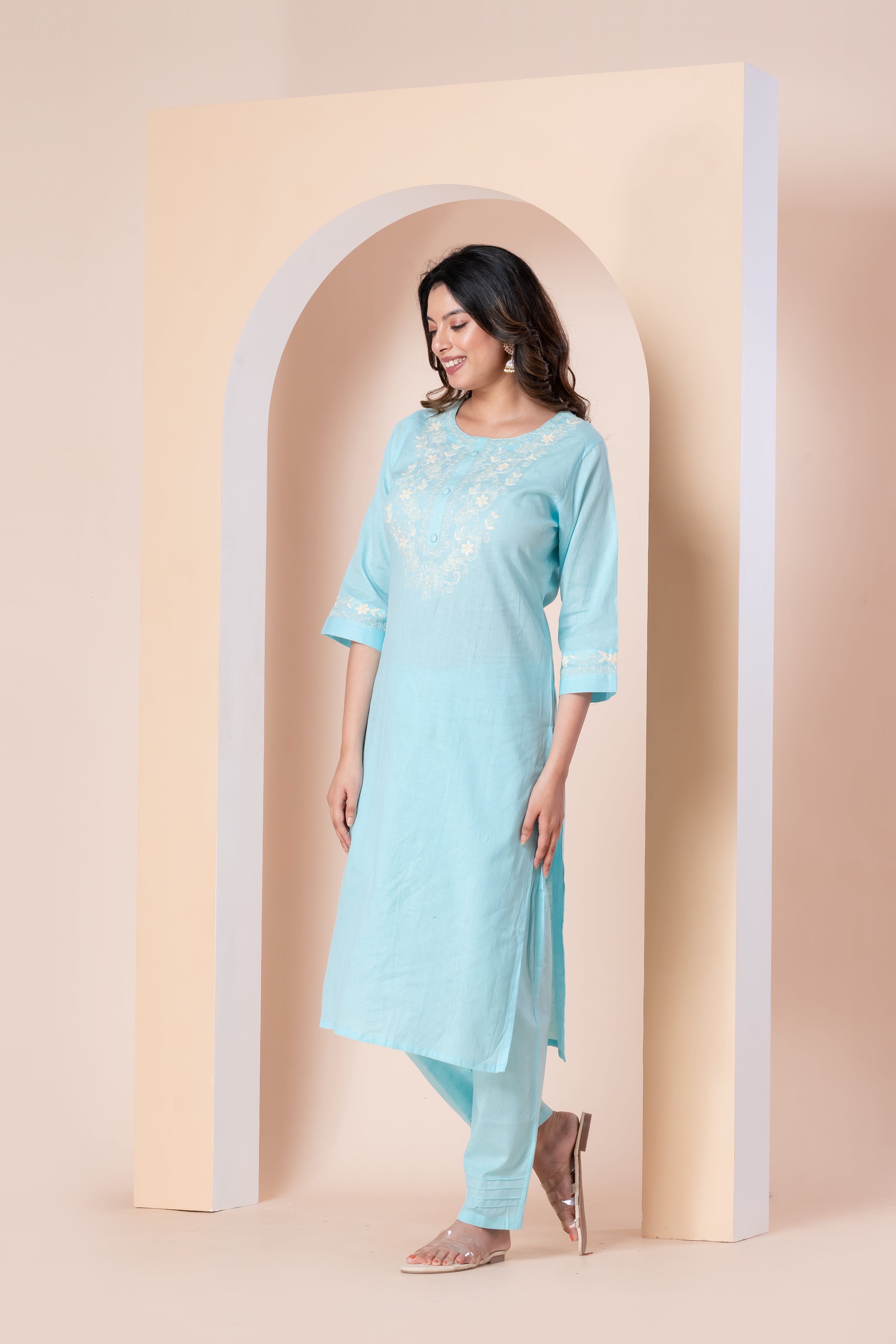 Sky Blue Embroidered Kurta Set with Straight Pants