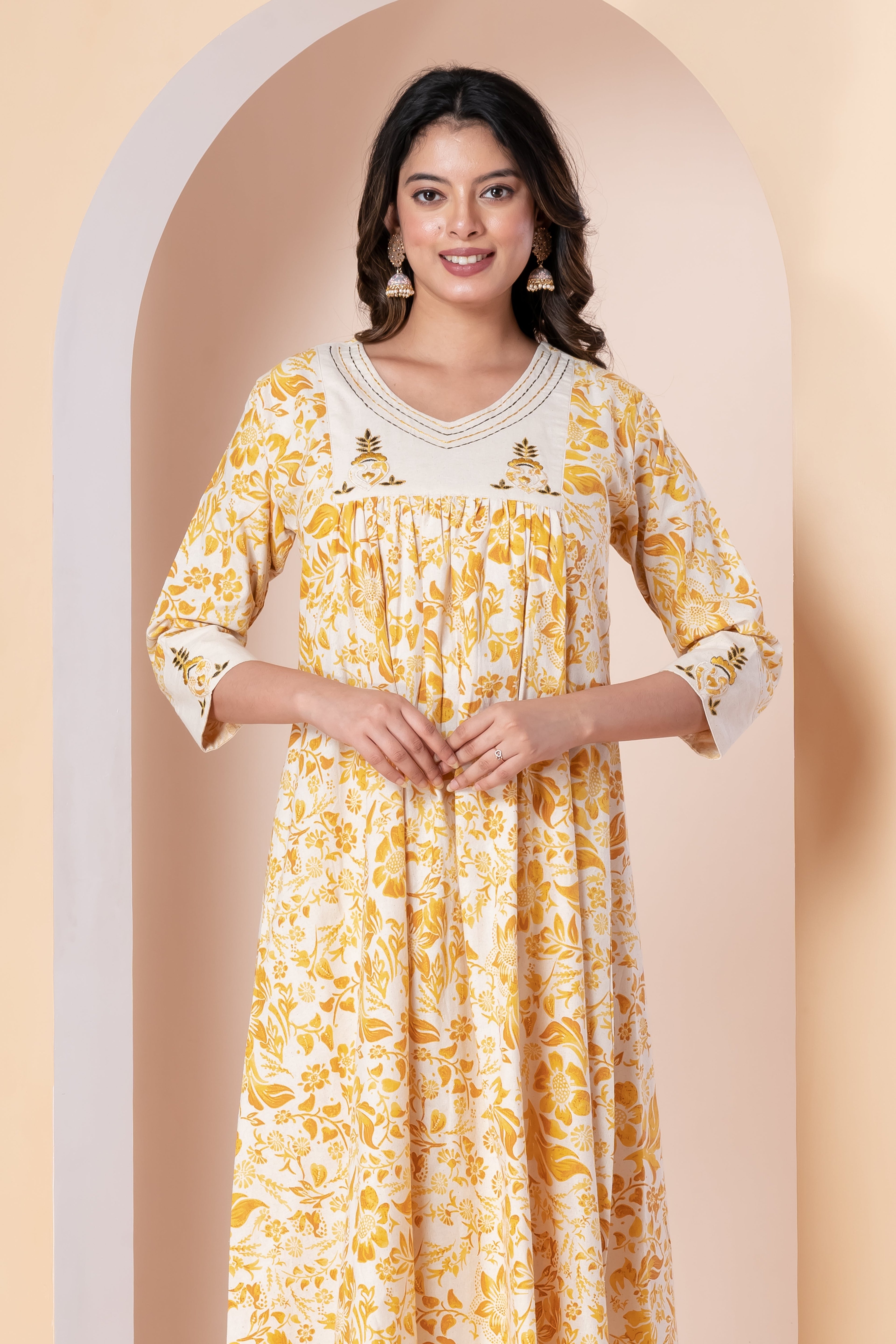 Yellow Floral Printed A-Line co ords Set