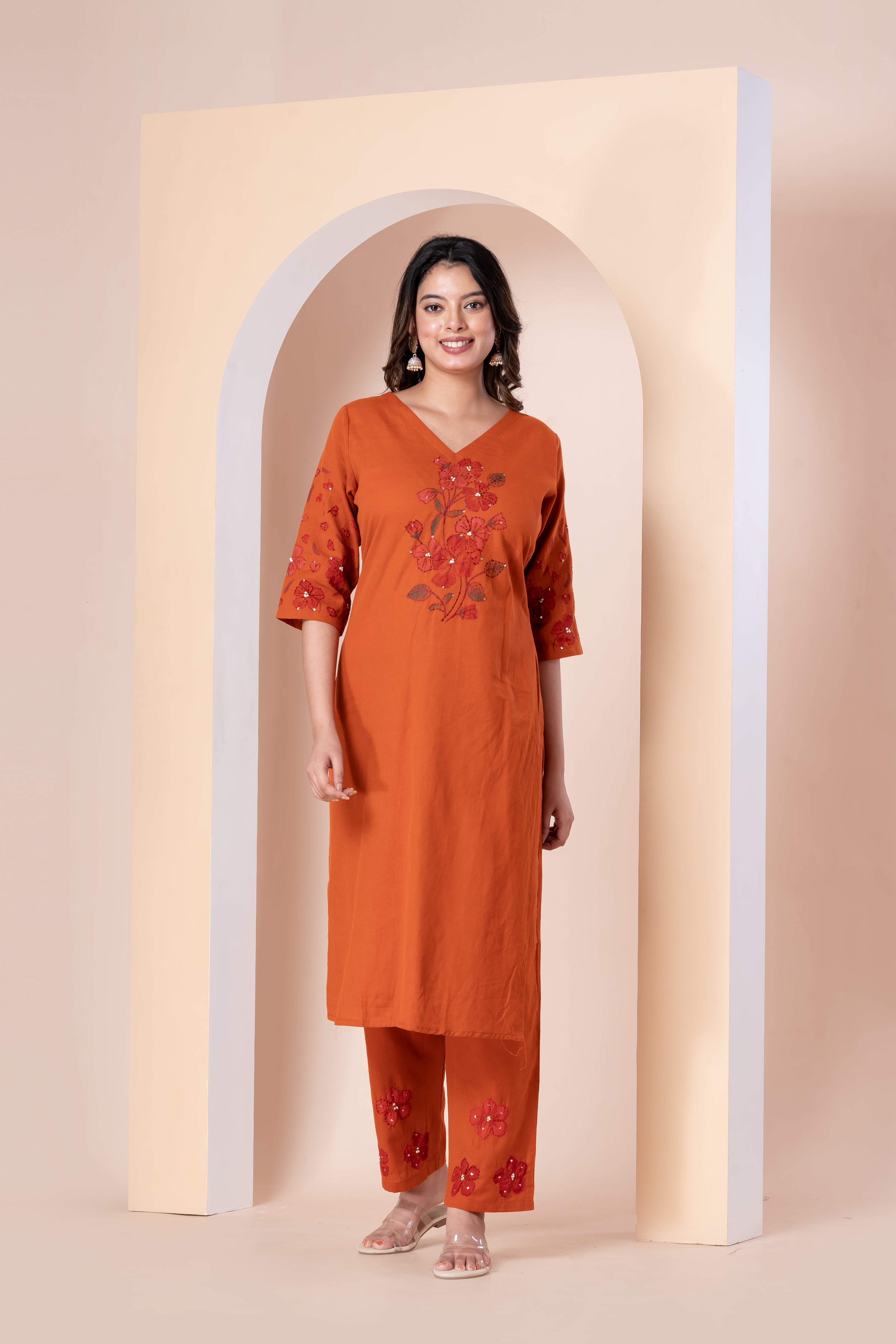 Rust Orange Embroidered Kurta Set with Straight Pants